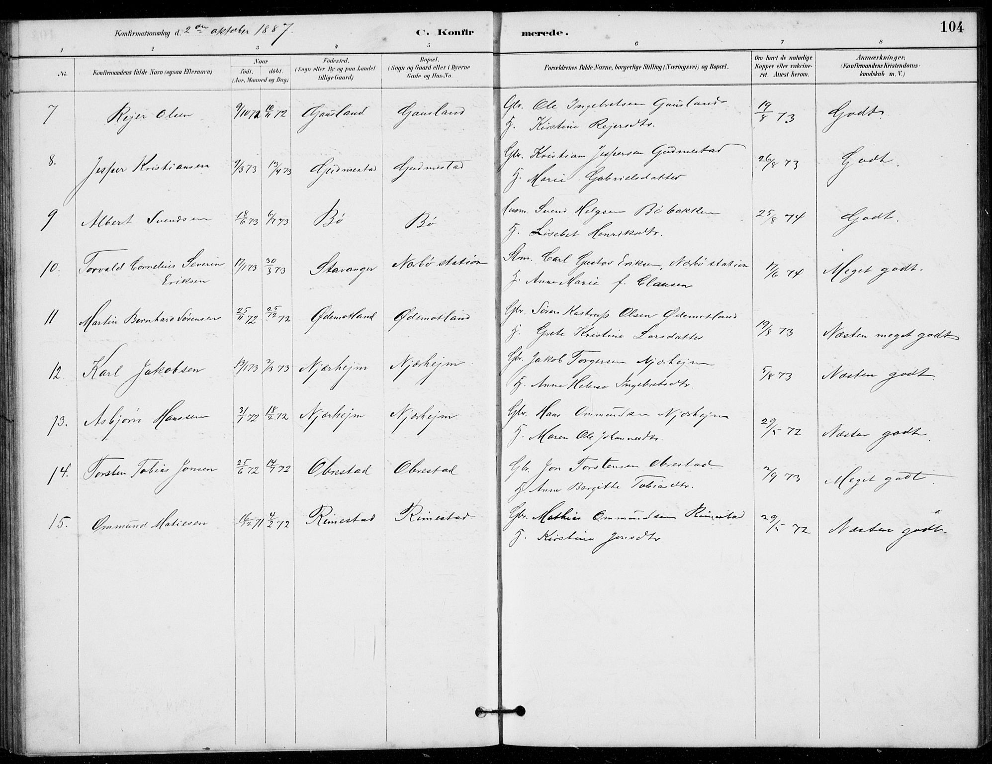 Hå sokneprestkontor, AV/SAST-A-101801/001/30BB/L0003: Klokkerbok nr. B 3, 1883-1894, s. 104