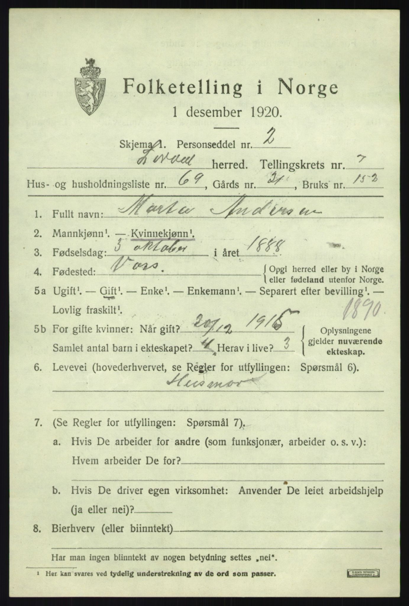 SAB, Folketelling 1920 for 1422 Lærdal herred, 1920, s. 3814