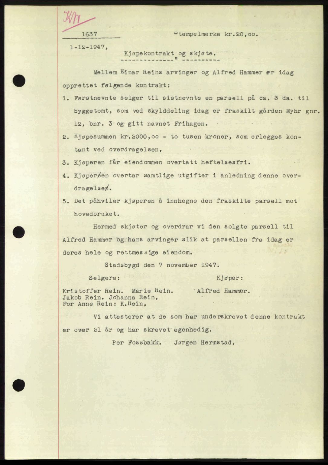Fosen sorenskriveri, AV/SAT-A-1107/1/2/2C: Pantebok nr. A7-9, 1947-1949, Dagboknr: 1637/1947