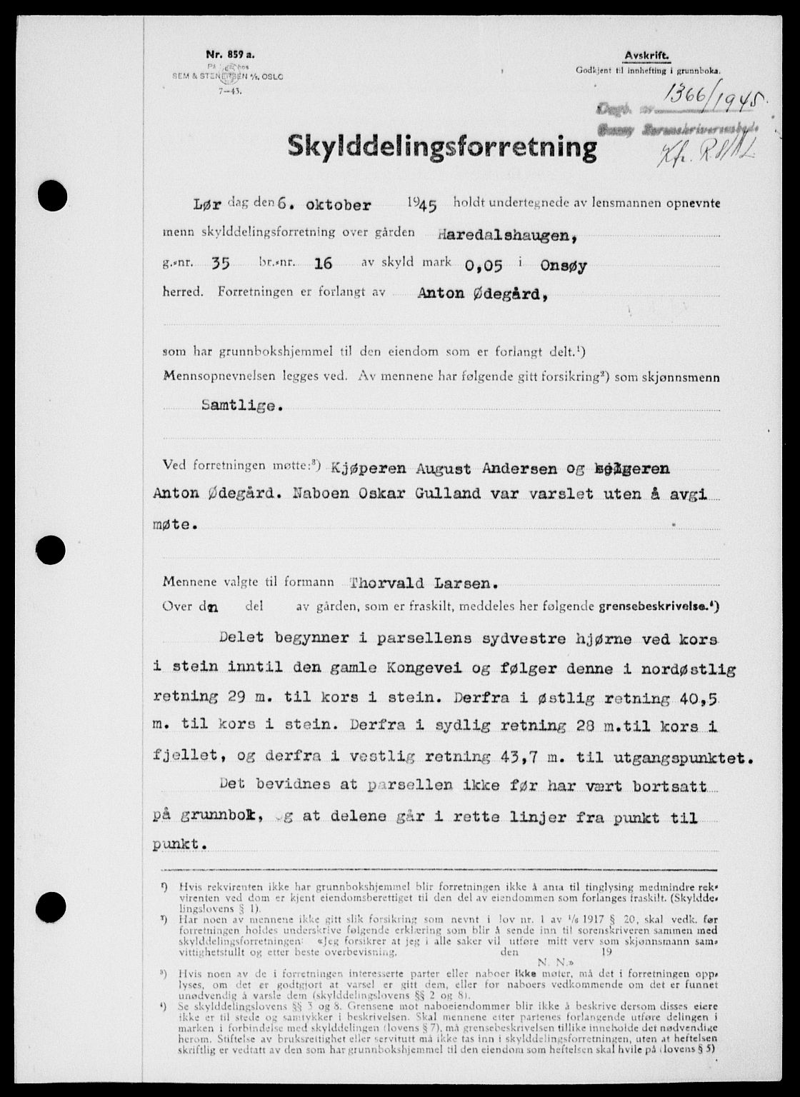 Onsøy sorenskriveri, SAO/A-10474/G/Ga/Gab/L0015: Pantebok nr. II A-15, 1945-1946, Dagboknr: 1366/1945