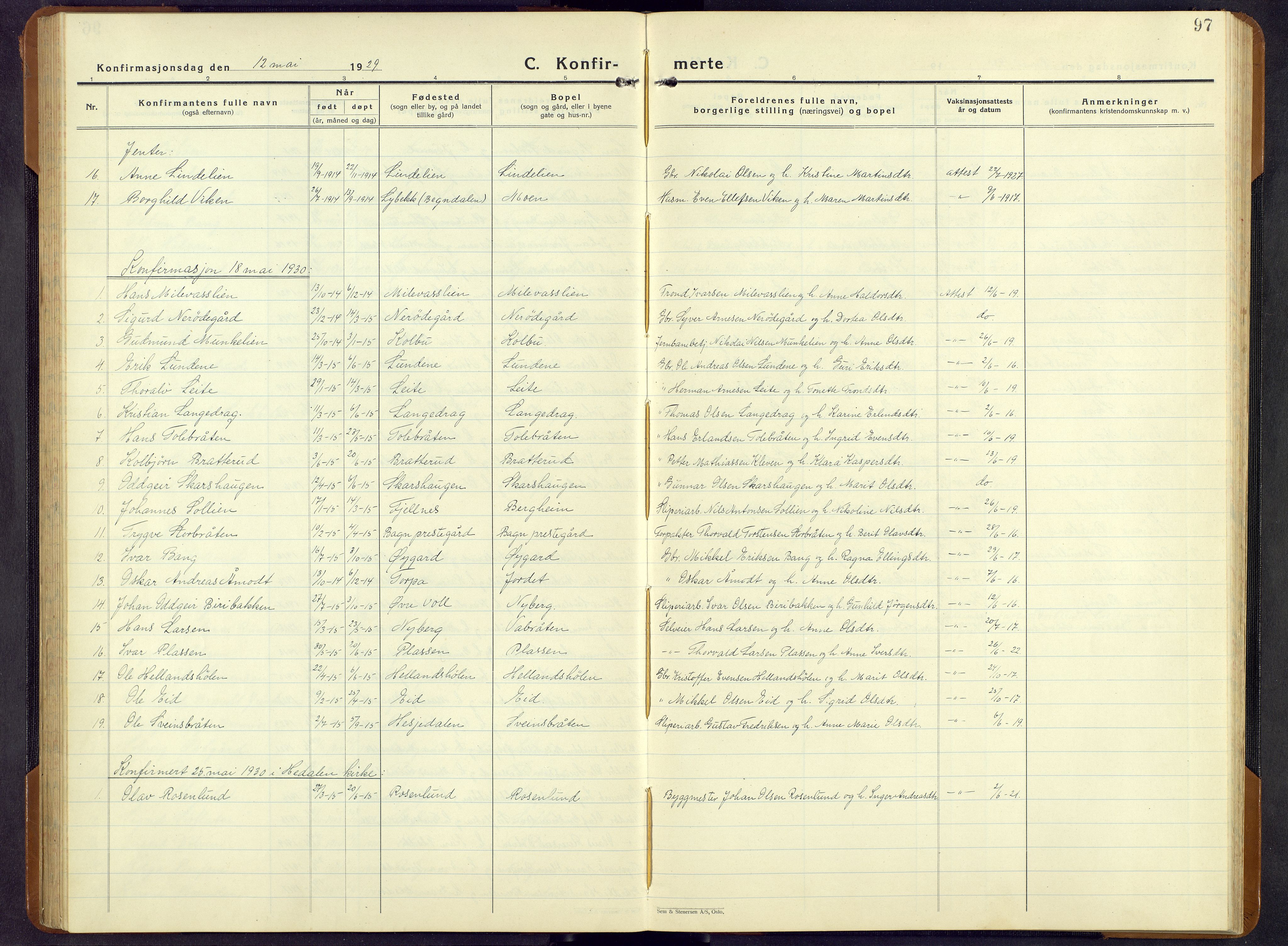 Sør-Aurdal prestekontor, AV/SAH-PREST-128/H/Ha/Hab/L0011: Klokkerbok nr. 11, 1922-1950, s. 97