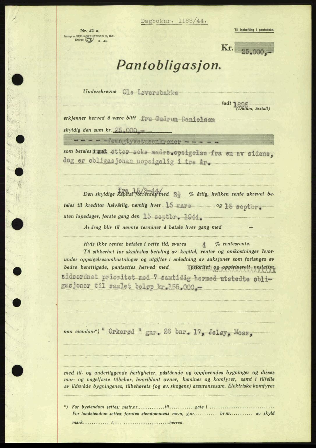 Moss sorenskriveri, SAO/A-10168: Pantebok nr. B13, 1943-1945, Dagboknr: 1188/1944