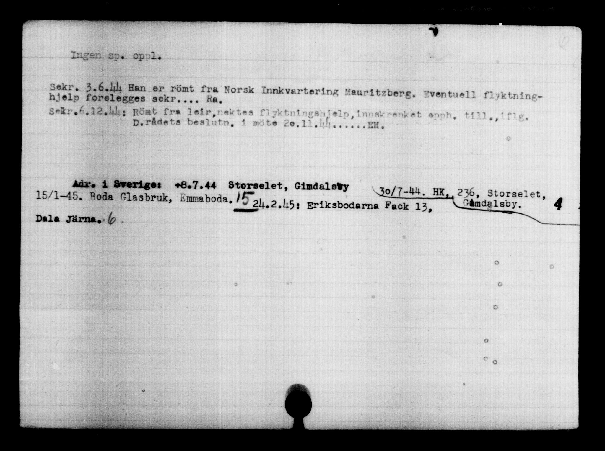 Utenriksstasjonene, Legasjonen i Stockholm, Flyktningkontoret, AV/RA-S-6753/V/Va/L0004: Kjesäterkartoteket, flyktning nr. 3496-6610, 1940-1945, s. 248