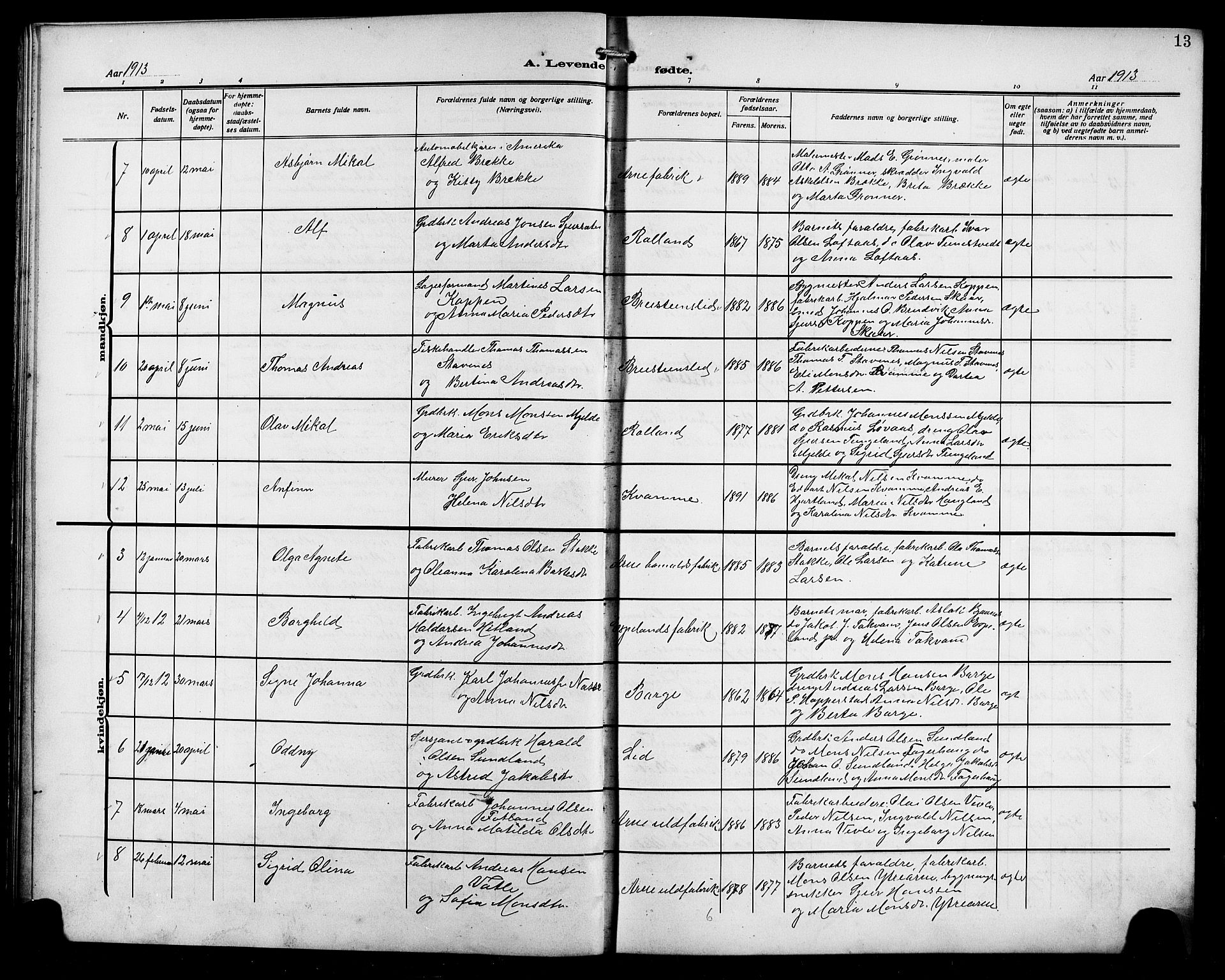 Arna sokneprestembete, AV/SAB-A-74001/H/Ha/Hab: Klokkerbok nr. A 5, 1911-1921, s. 13
