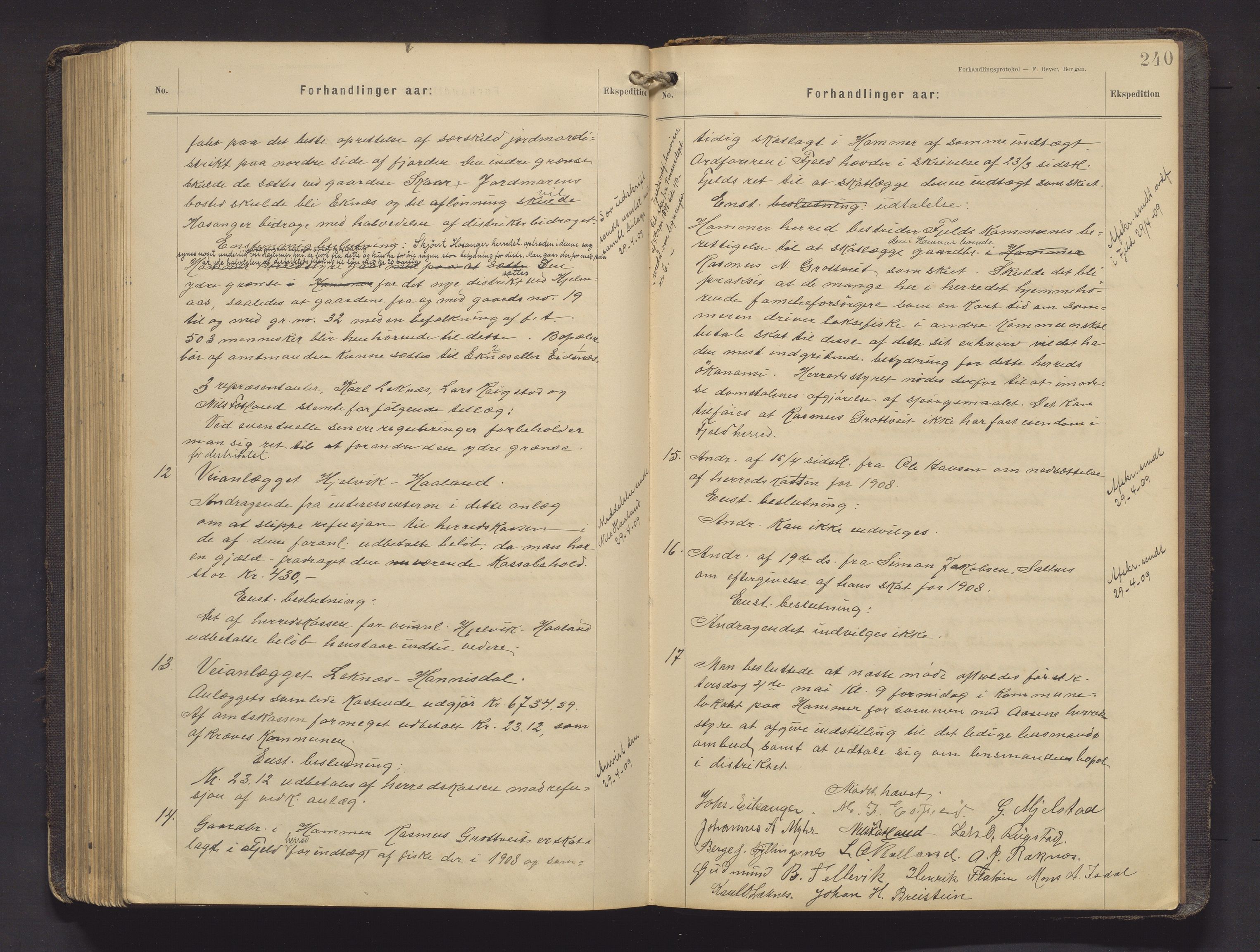 Hamre kommune. Formannskapet, IKAH/1254-021/A/Aa/L0005: Møtebok for formannskap, heradsstyre og soknestyra i Hamre og Åsane, 1899-1909, s. 240