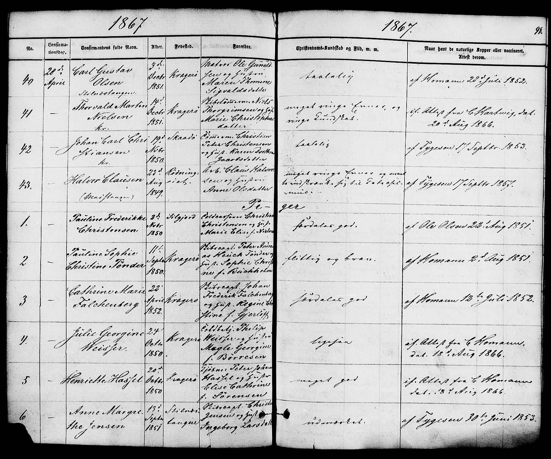 Kragerø kirkebøker, AV/SAKO-A-278/F/Fa/L0008: Ministerialbok nr. 8, 1856-1880, s. 98