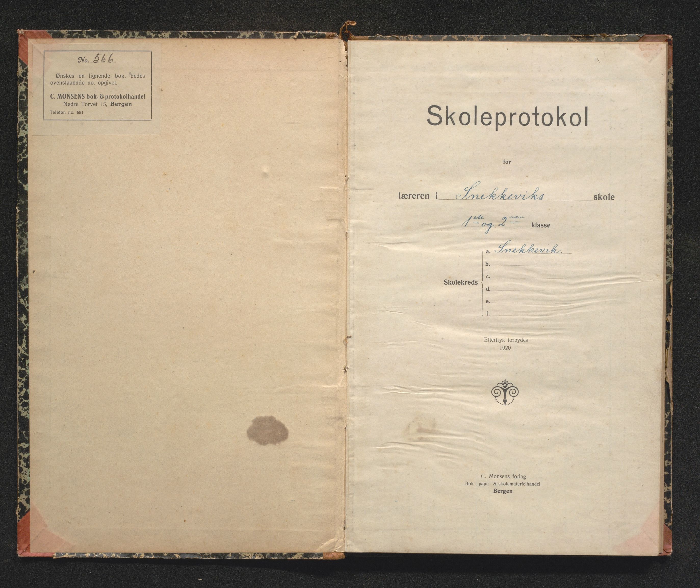 Fjell kommune. Barneskulane, IKAH/1246-231/F/Fe/L0004: Skuleprotokoll for Snekkevik og Brattholmen krinsar, 1920-1944