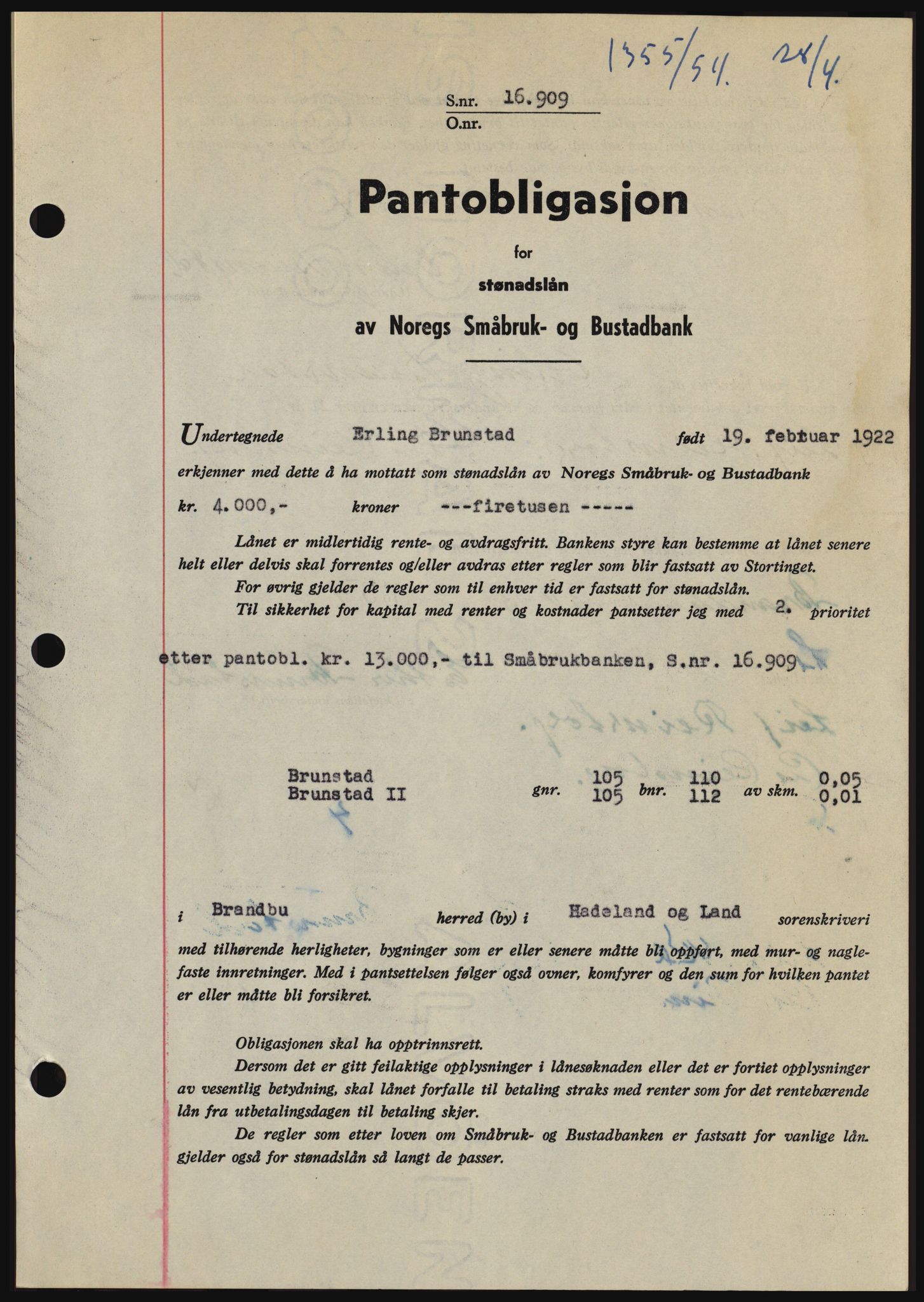 Hadeland og Land tingrett, SAH/TING-010/H/Hb/Hbc/L0029: Pantebok nr. B29, 1954-1954, Dagboknr: 1355/1954