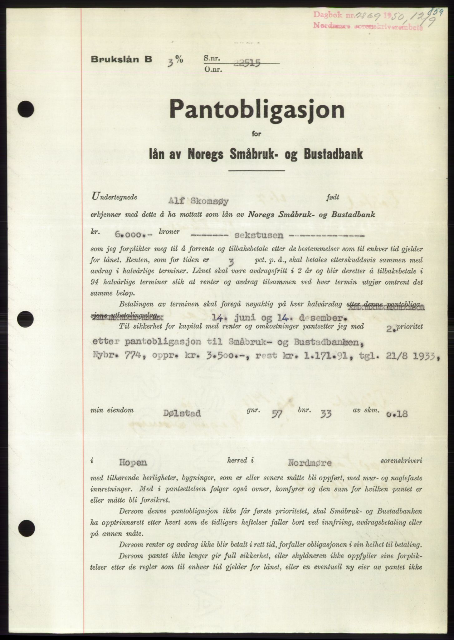 Nordmøre sorenskriveri, AV/SAT-A-4132/1/2/2Ca: Pantebok nr. B105, 1950-1950, Dagboknr: 2869/1950