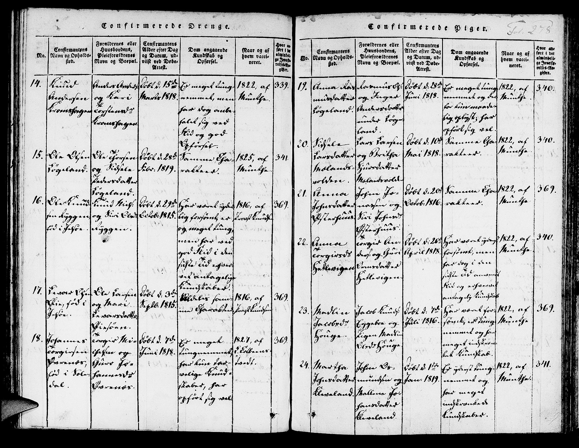 Hjelmeland sokneprestkontor, AV/SAST-A-101843/01/IV/L0003: Ministerialbok nr. A 3, 1816-1834, s. 278