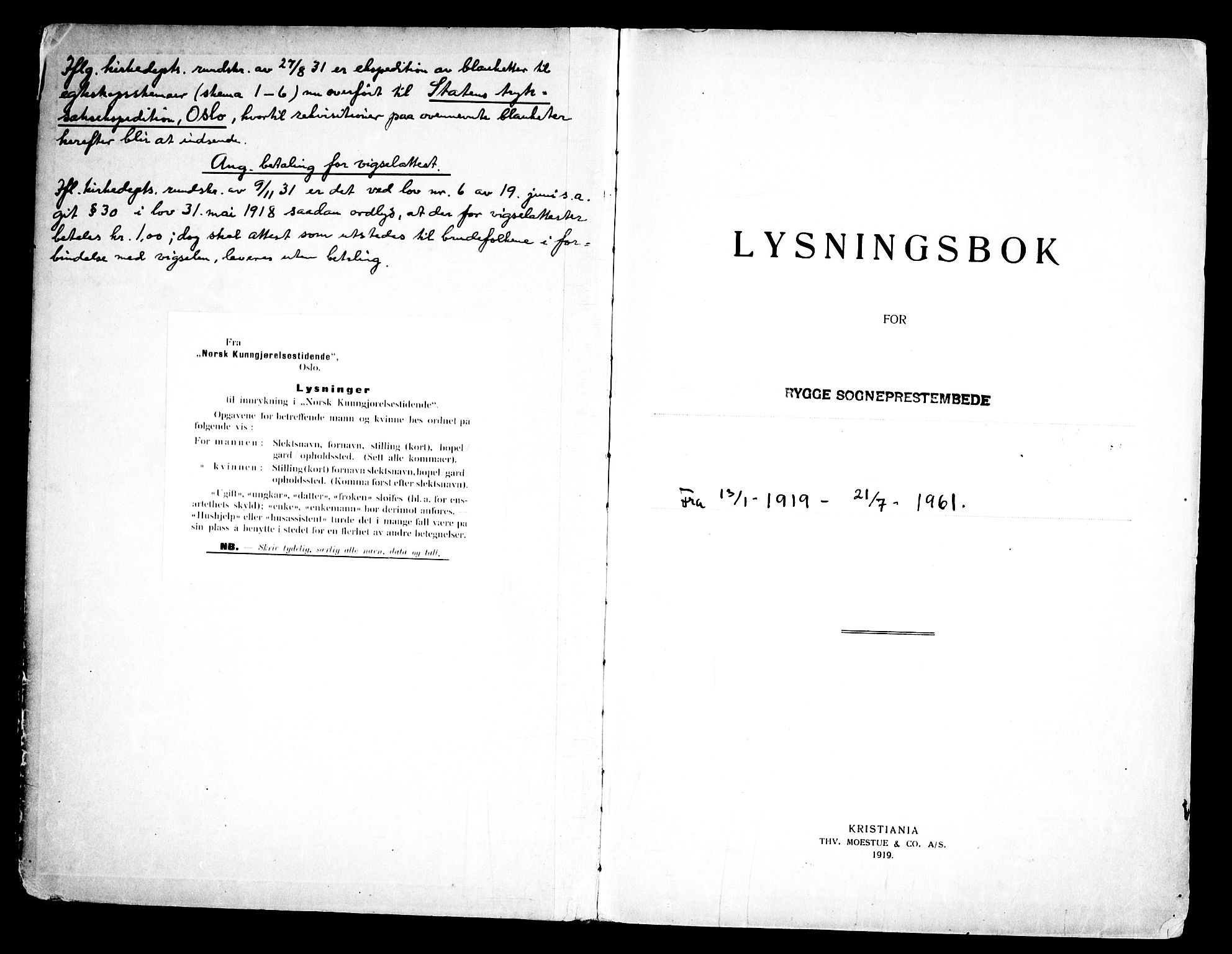 Rygge prestekontor Kirkebøker, AV/SAO-A-10084b/H/Ha/L0002: Lysningsprotokoll nr. 2, 1919-1961
