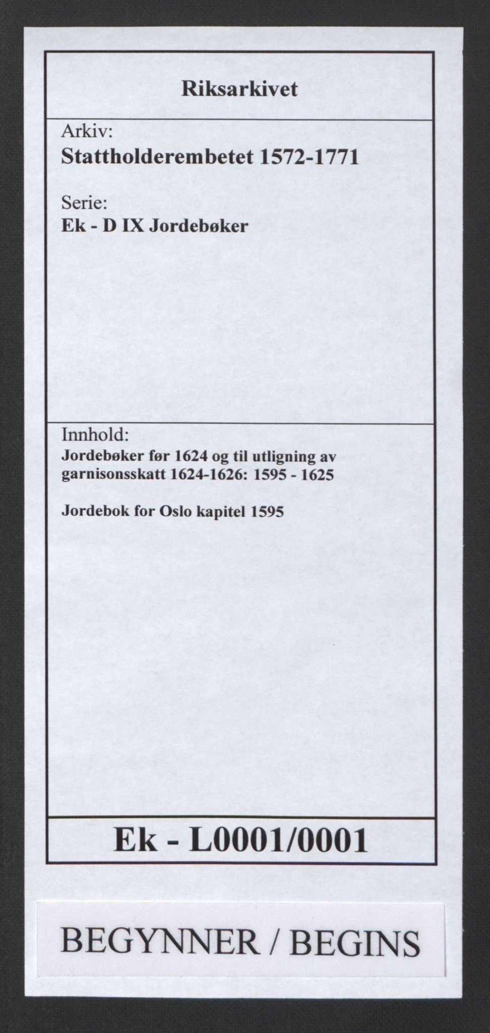 Stattholderembetet 1572-1771, RA/EA-2870/Ek/L0001/0001: Jordebøker før 1624 og til utligning av garnisonsskatt 1624-1626: / Jordebok for Oslo kapitel, 1595, s. 1