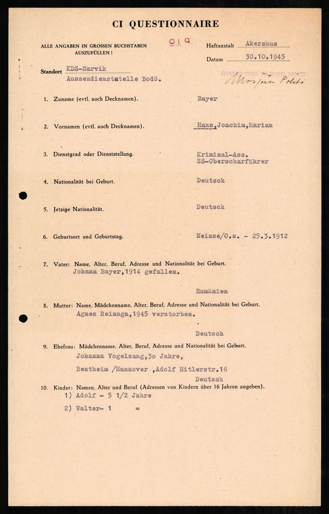 Forsvaret, Forsvarets overkommando II, AV/RA-RAFA-3915/D/Db/L0002: CI Questionaires. Tyske okkupasjonsstyrker i Norge. Tyskere., 1945-1946, s. 327