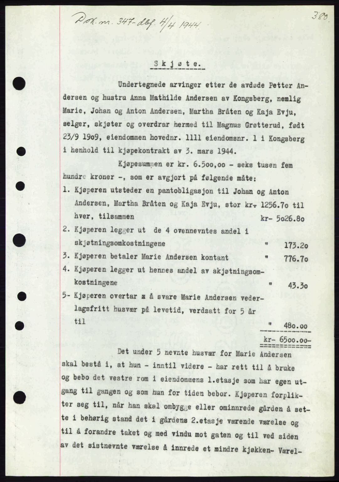 Numedal og Sandsvær sorenskriveri, SAKO/A-128/G/Ga/Gaa/L0055: Pantebok nr. A7, 1943-1944, Dagboknr: 347/1944