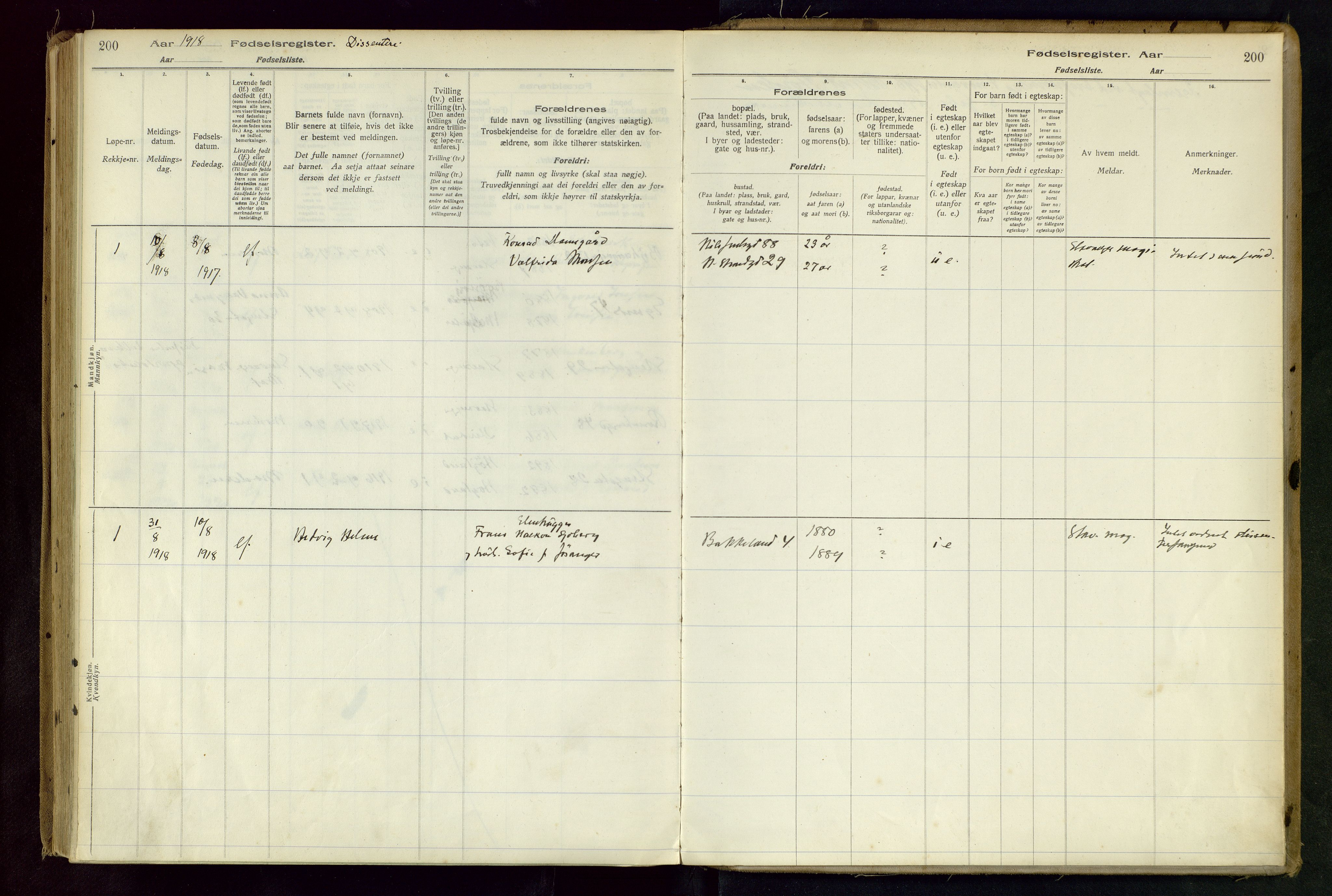 Domkirken sokneprestkontor, AV/SAST-A-101812/002/B/L0001: Fødselsregister nr. 1, 1916-1920, s. 200