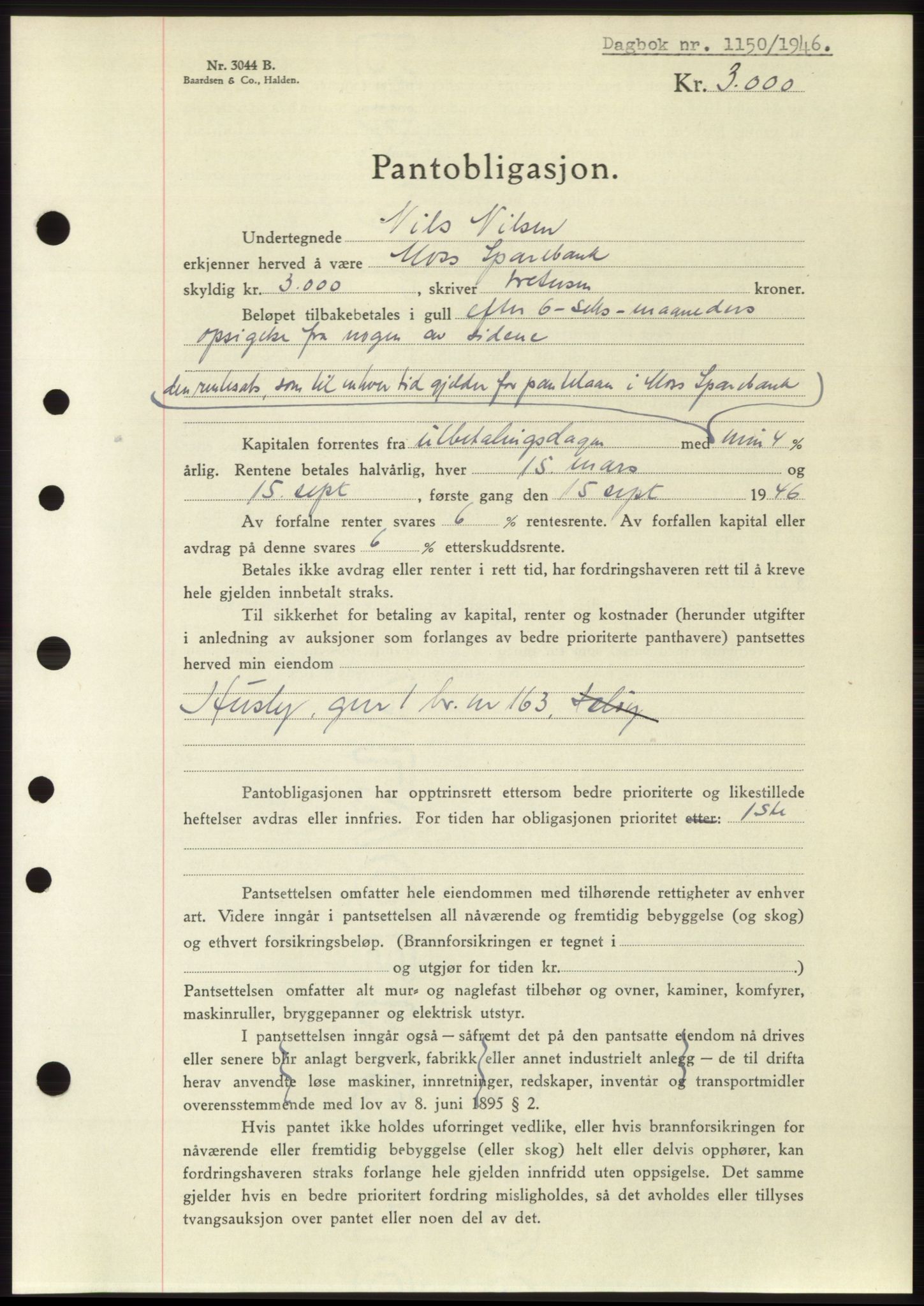 Moss sorenskriveri, SAO/A-10168: Pantebok nr. B15, 1946-1946, Dagboknr: 1150/1946