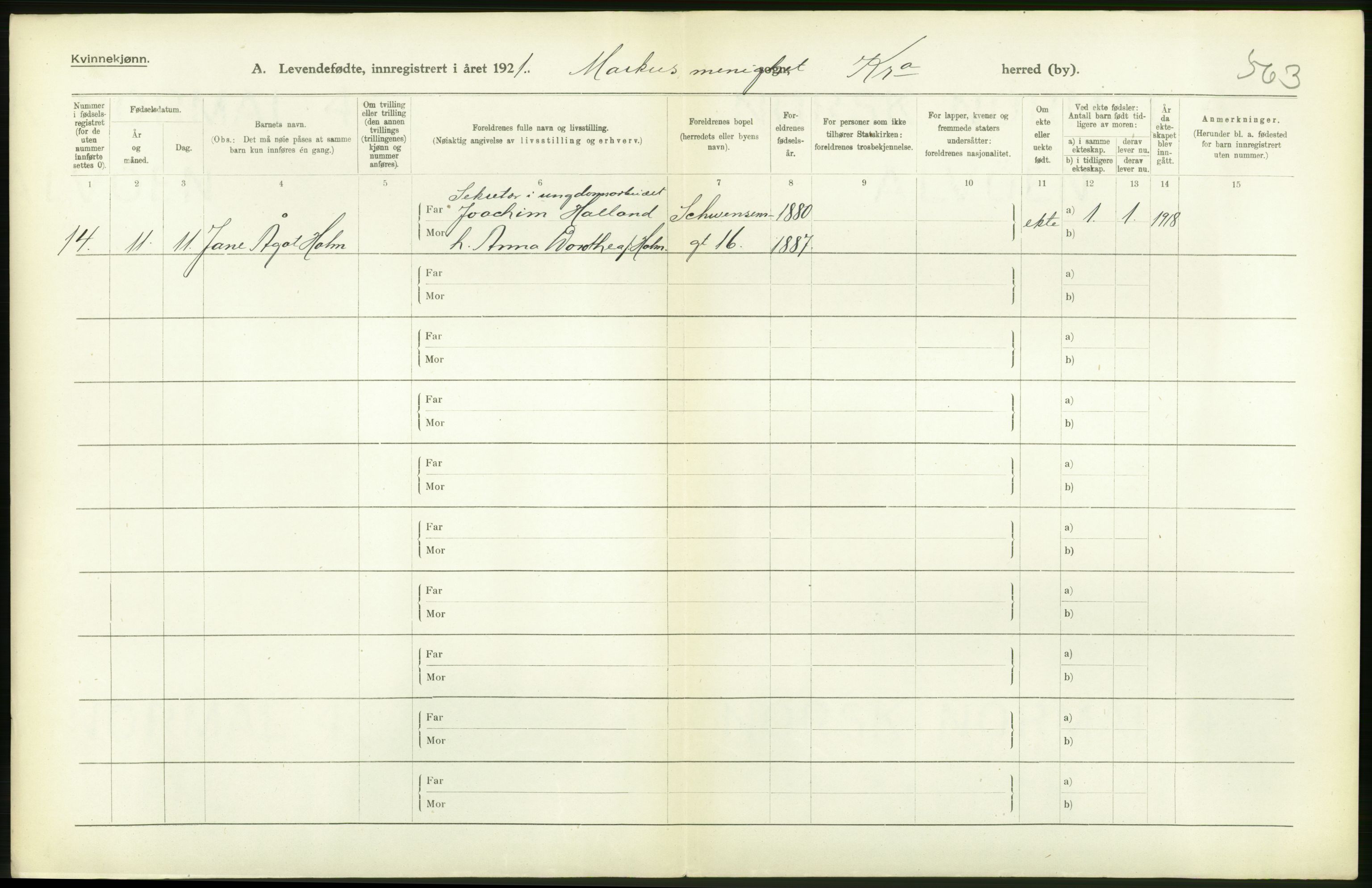 Statistisk sentralbyrå, Sosiodemografiske emner, Befolkning, RA/S-2228/D/Df/Dfc/Dfca/L0010: Kristiania: Levendefødte menn og kvinner., 1921, s. 232