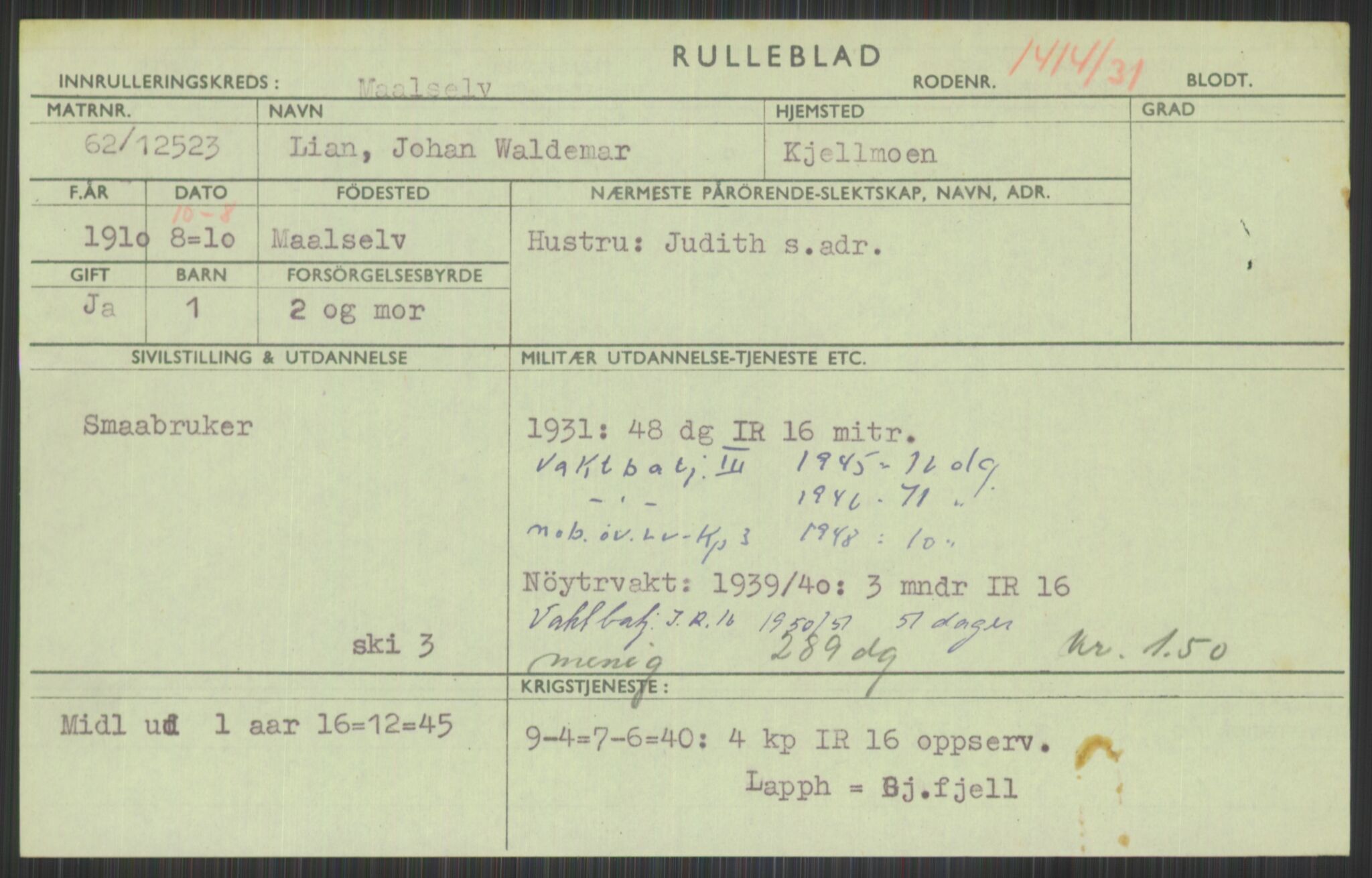 Forsvaret, Troms infanteriregiment nr. 16, AV/RA-RAFA-3146/P/Pa/L0015: Rulleblad for regimentets menige mannskaper, årsklasse 1931, 1931, s. 707