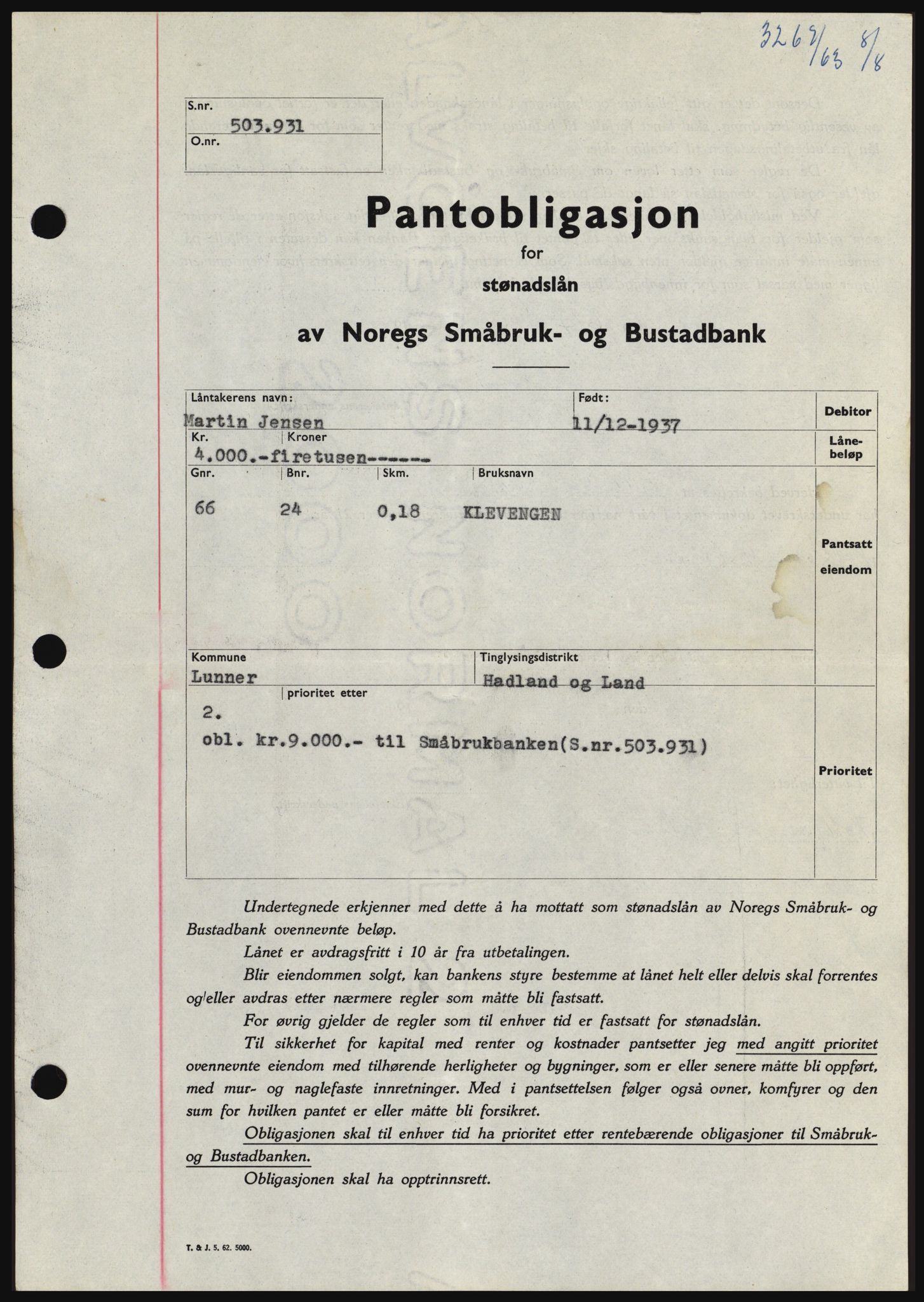 Hadeland og Land tingrett, SAH/TING-010/H/Hb/Hbc/L0052: Pantebok nr. B52, 1963-1963, Dagboknr: 3267/1963