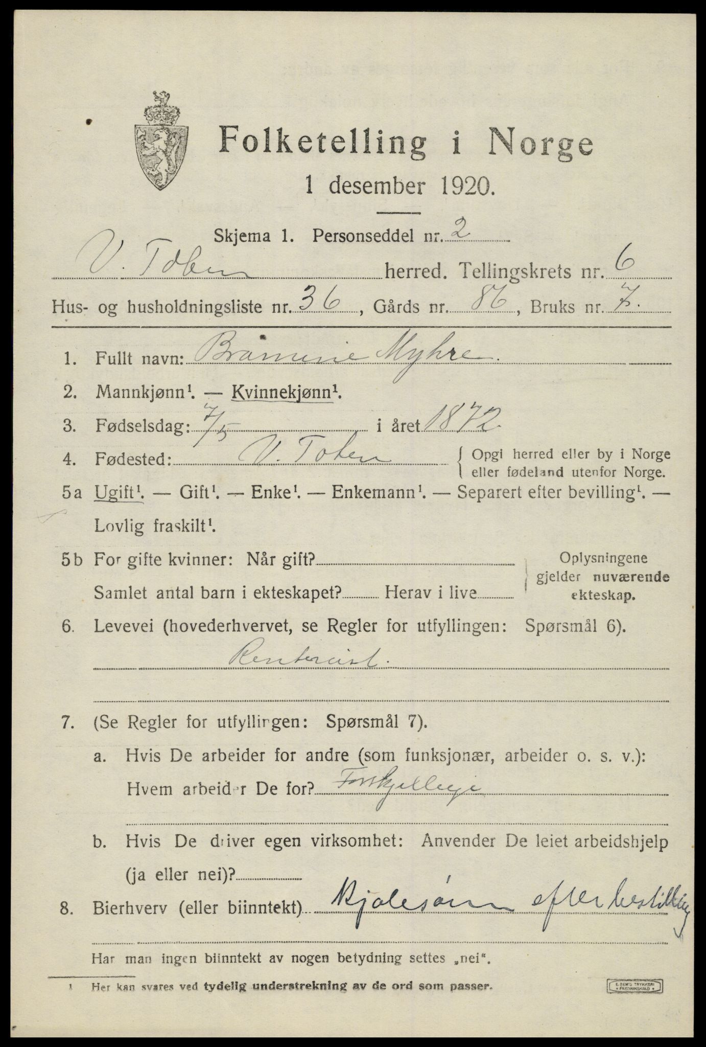 SAH, Folketelling 1920 for 0529 Vestre Toten herred, 1920, s. 8574