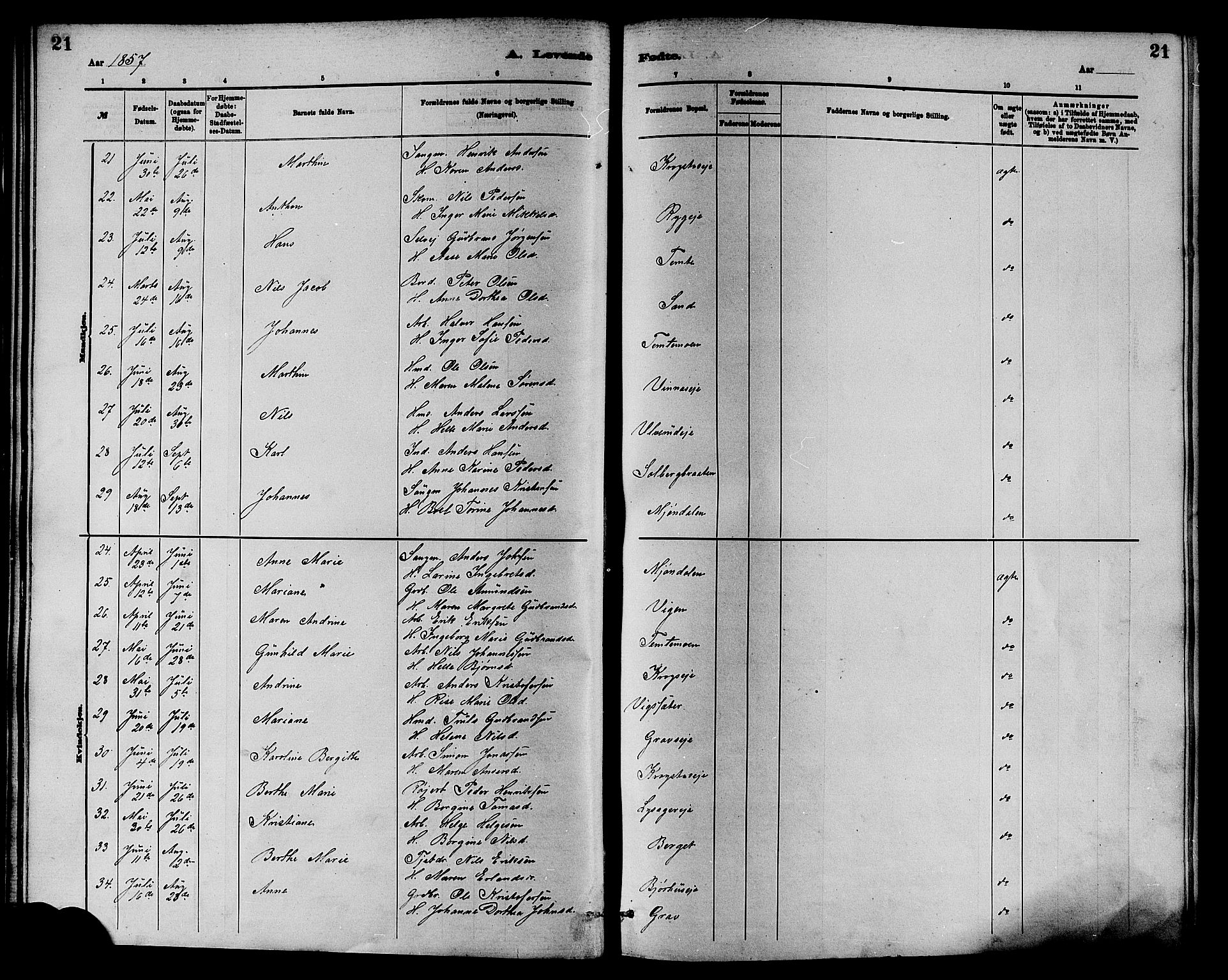 Nedre Eiker kirkebøker, AV/SAKO-A-612/F/Fa/L0001: Ministerialbok nr. 1, 1853-1877, s. 21