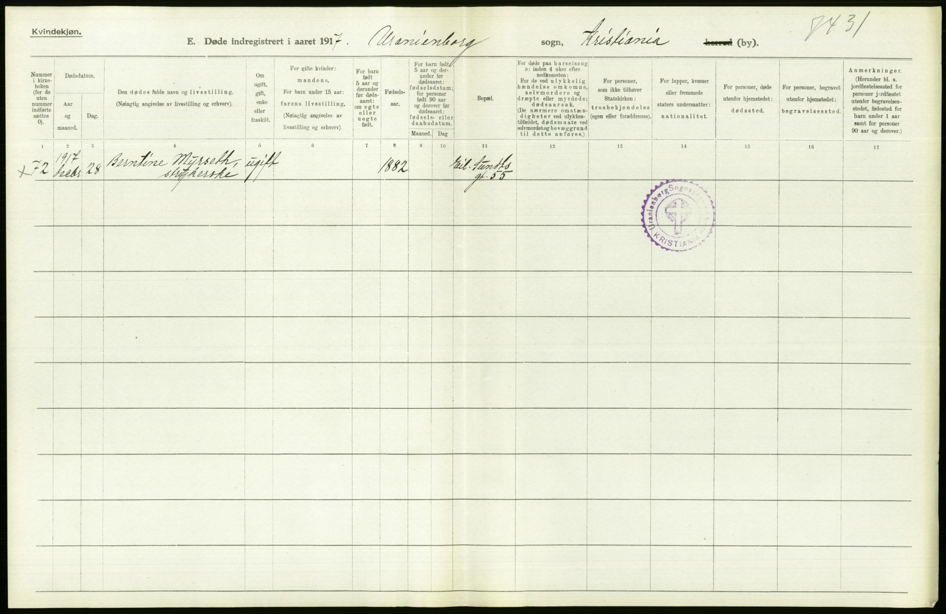 Statistisk sentralbyrå, Sosiodemografiske emner, Befolkning, AV/RA-S-2228/D/Df/Dfb/Dfbg/L0010: Kristiania: Døde, 1917, s. 290