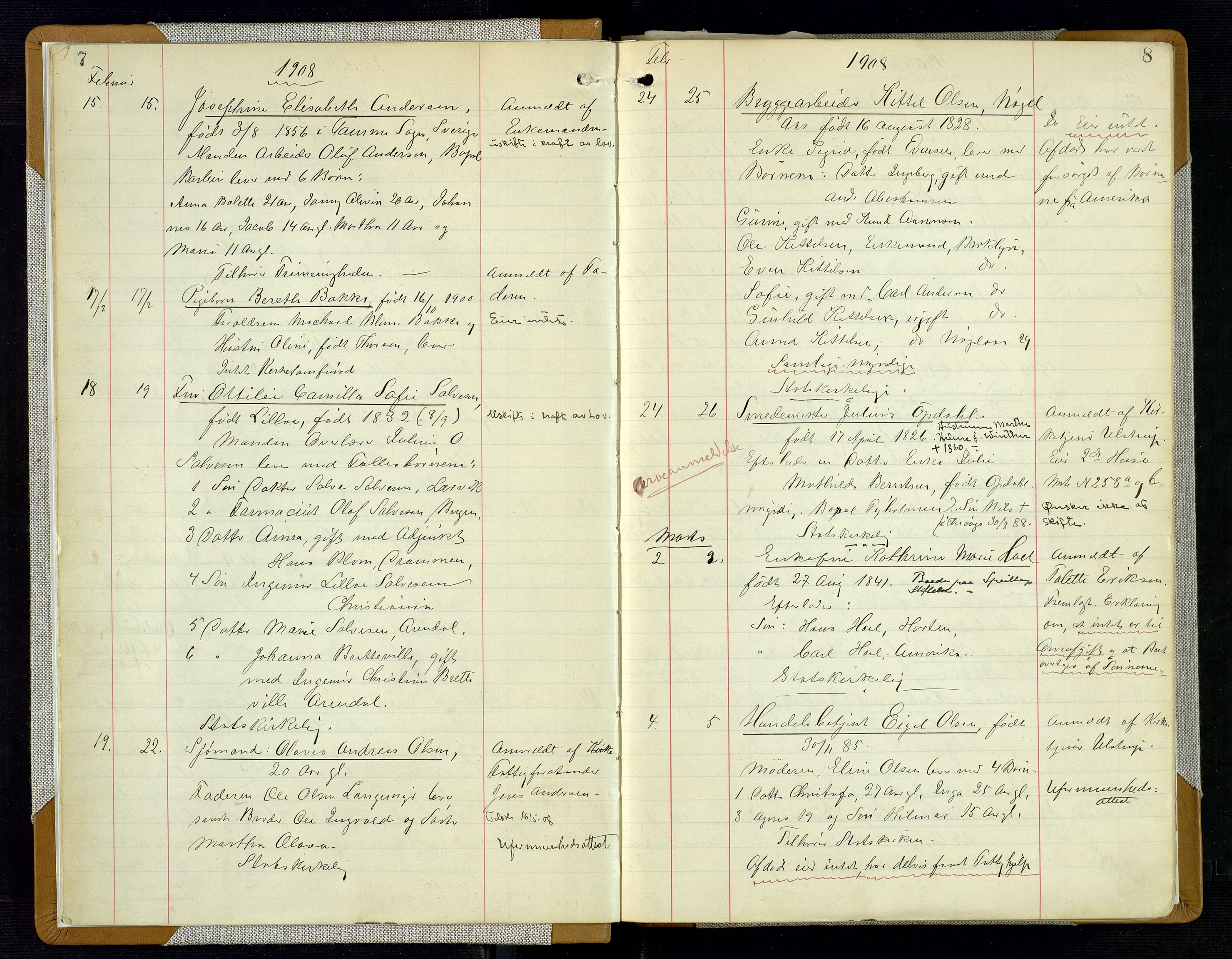Arendal byfogd, AV/SAK-1222-0001/H/Ha/L0003: Dødsfallsprotokoll, 1908-1917, s. 7-8