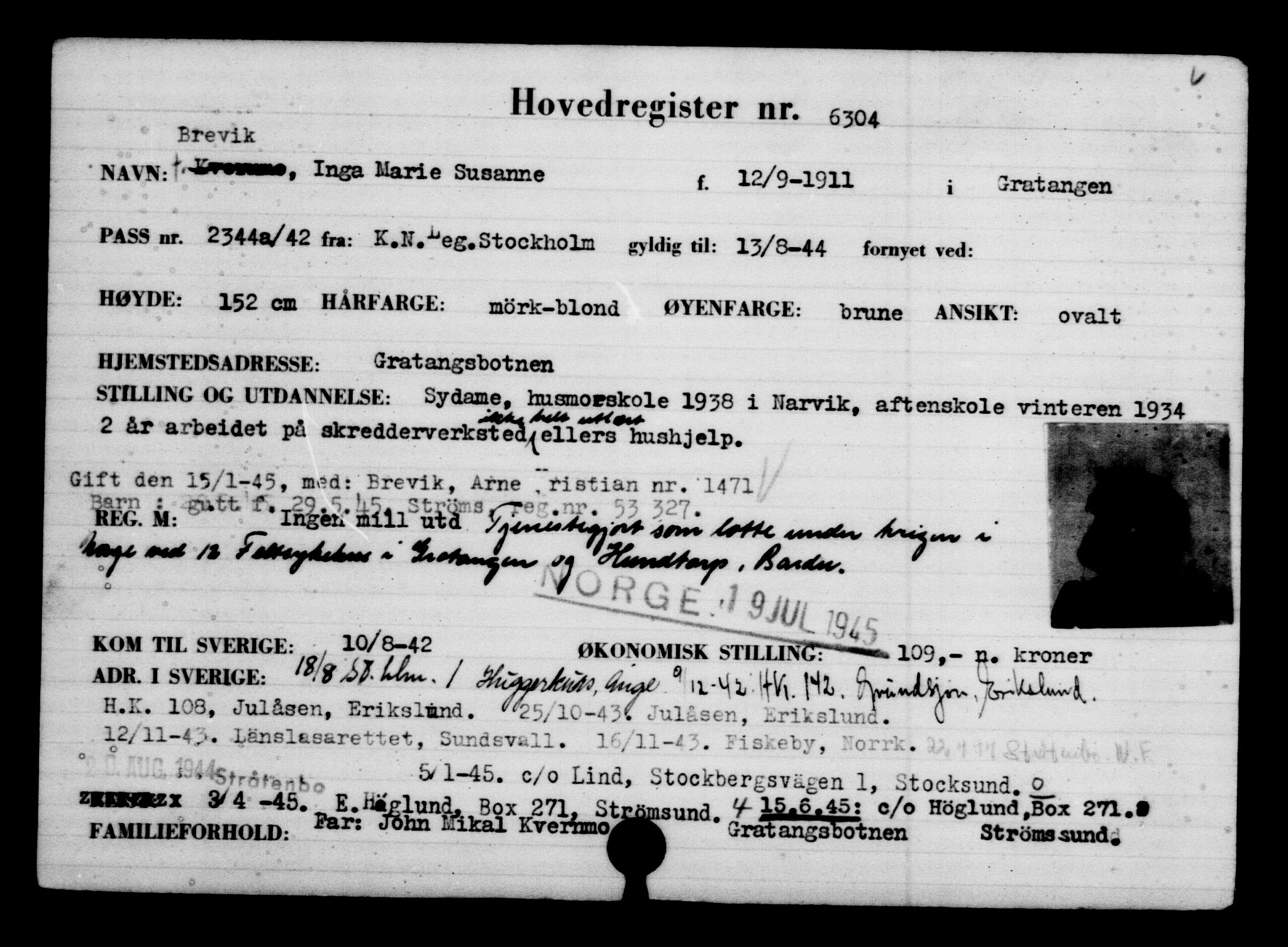 Utenriksstasjonene, Legasjonen i Stockholm, Flyktningkontoret, AV/RA-S-6753/V/Va/L0004: Kjesäterkartoteket, flyktninger med registreringsnr. 3496-6610, 1940-1945, s. 3314