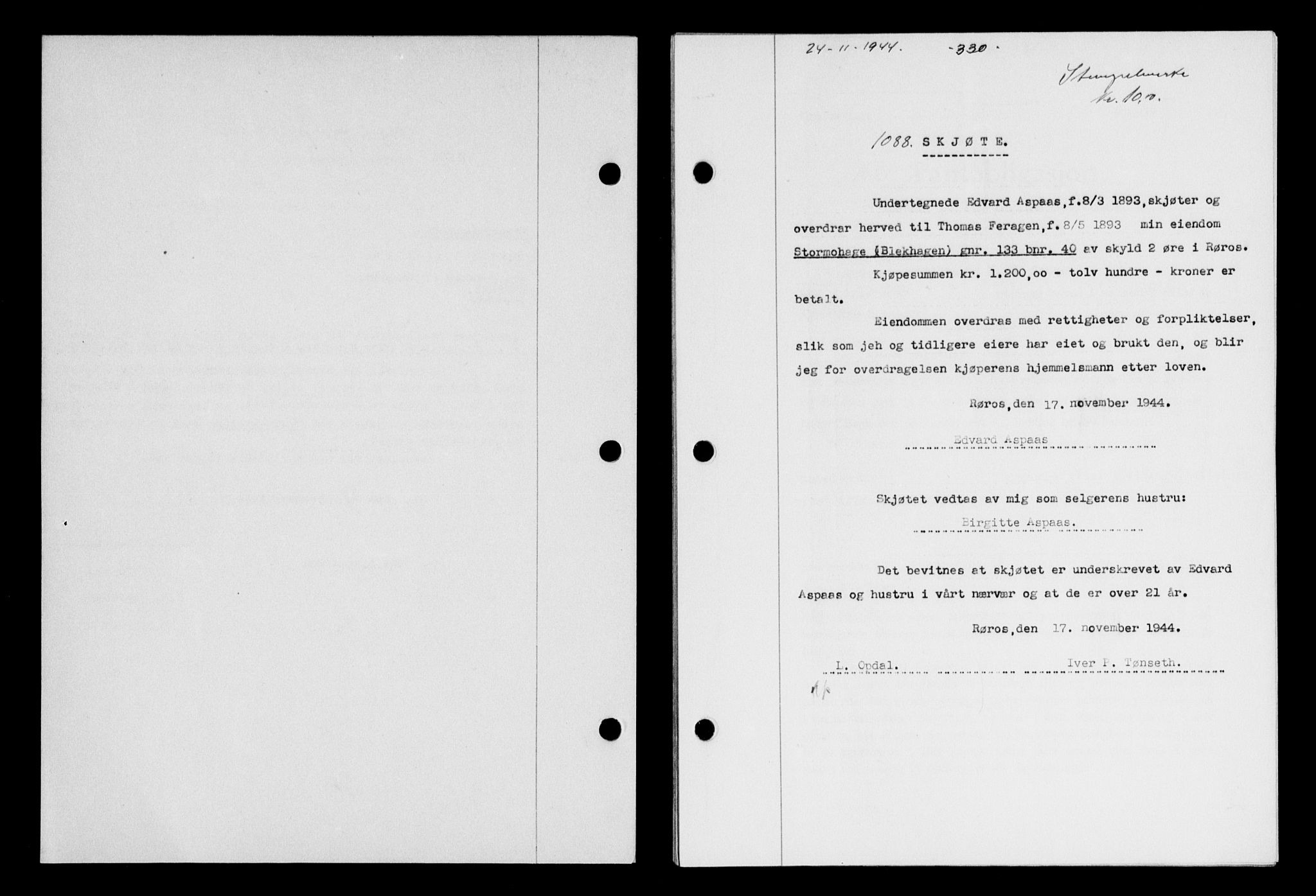 Gauldal sorenskriveri, SAT/A-0014/1/2/2C/L0058: Pantebok nr. 63, 1944-1945, Dagboknr: 1088/1944