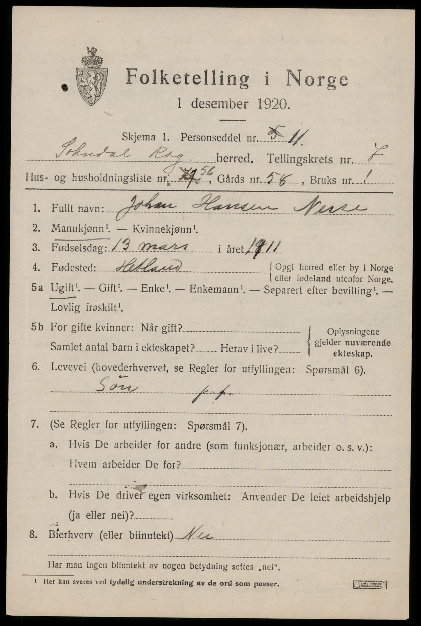 SAST, Folketelling 1920 for 1111 Sokndal herred, 1920, s. 4805