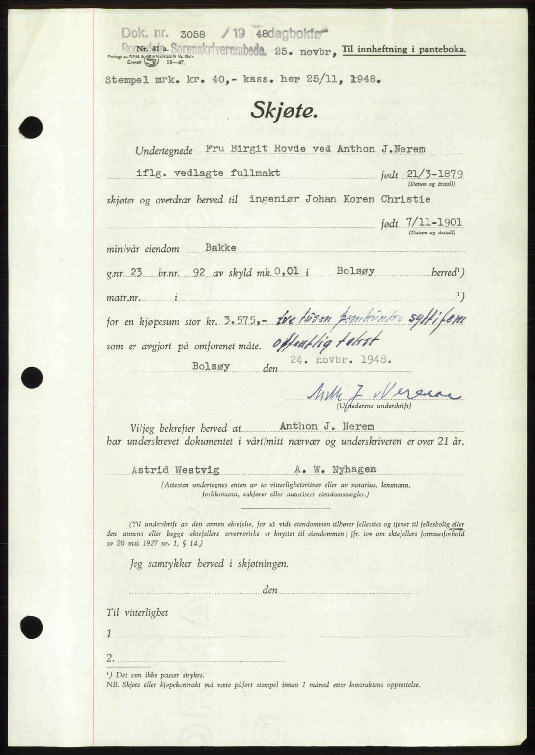 Romsdal sorenskriveri, AV/SAT-A-4149/1/2/2C: Pantebok nr. A27, 1948-1948, Dagboknr: 3058/1948