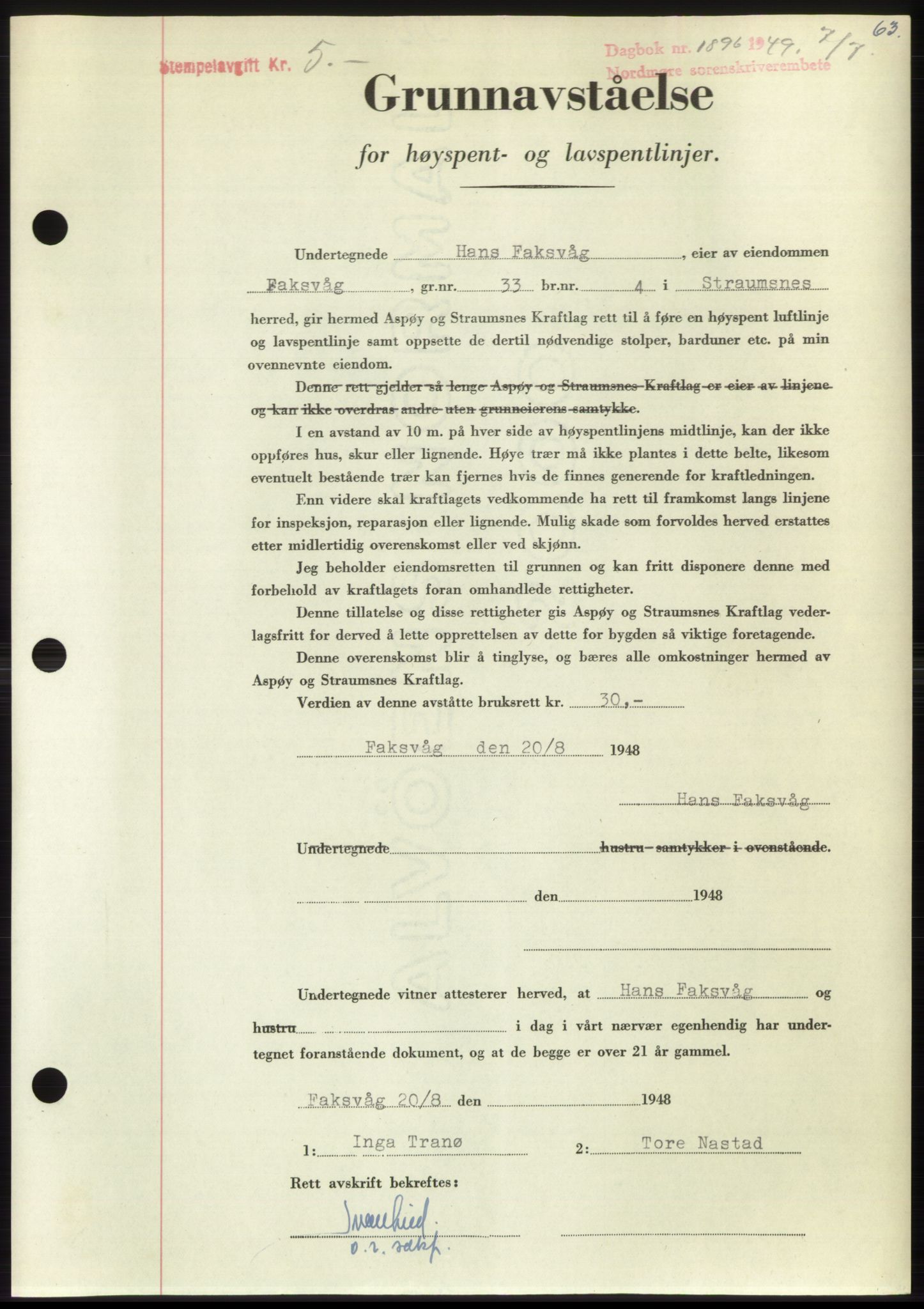 Nordmøre sorenskriveri, SAT/A-4132/1/2/2Ca: Pantebok nr. B102, 1949-1949, Dagboknr: 1896/1949