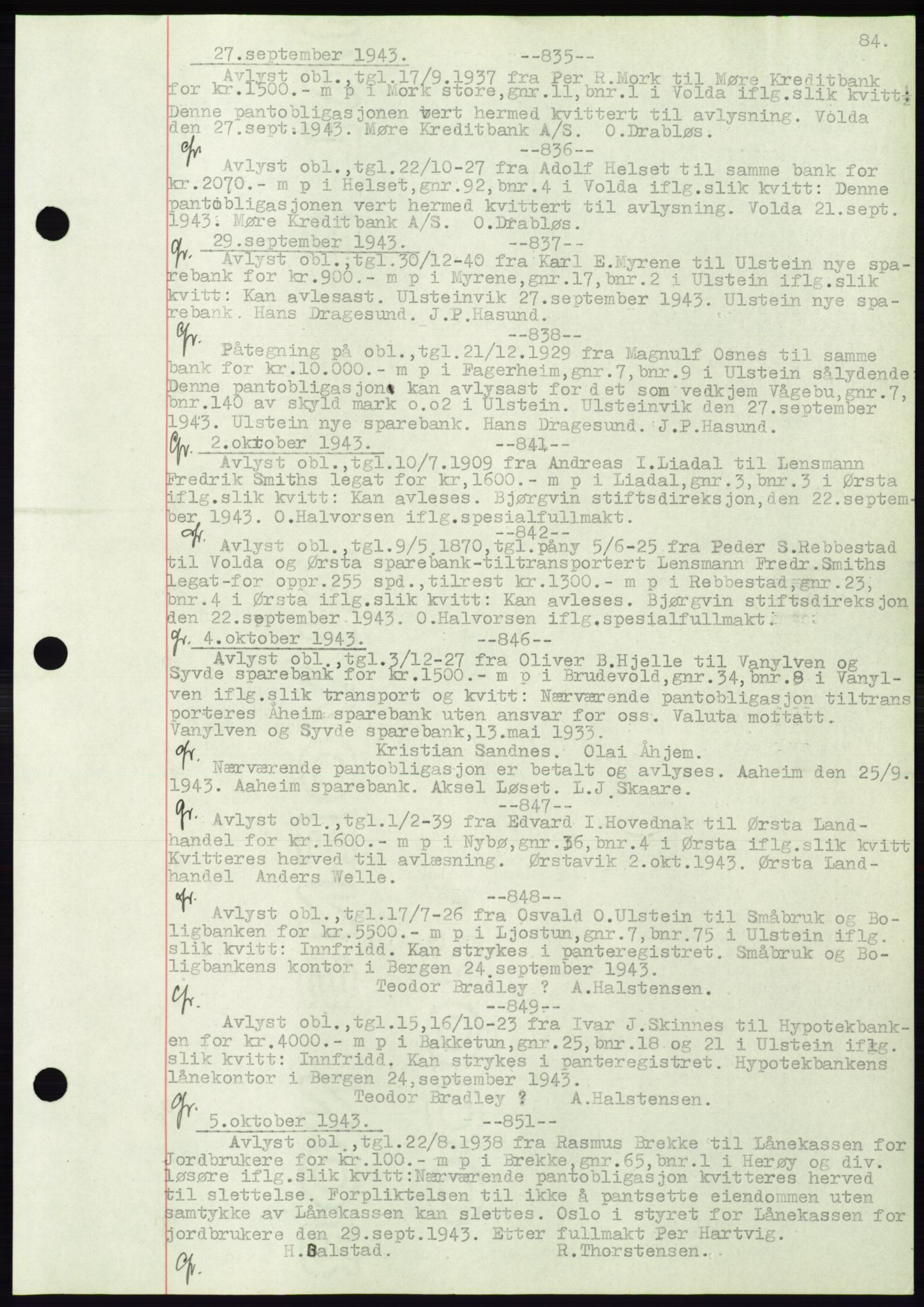 Søre Sunnmøre sorenskriveri, AV/SAT-A-4122/1/2/2C/L0072: Pantebok nr. 66, 1941-1955, Dagboknr: 835/1943