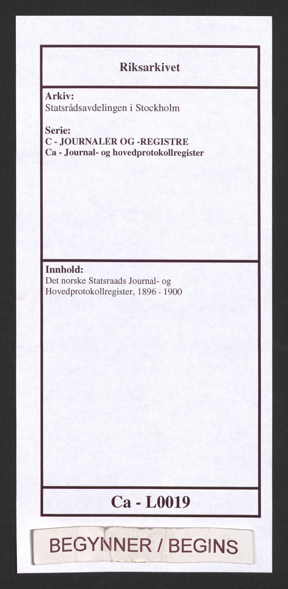 Statsrådsavdelingen i Stockholm, RA/S-1003/C/Ca/L0019: Det norske Statsraads Journal- og Hovedprotokollregister, 1896-1900