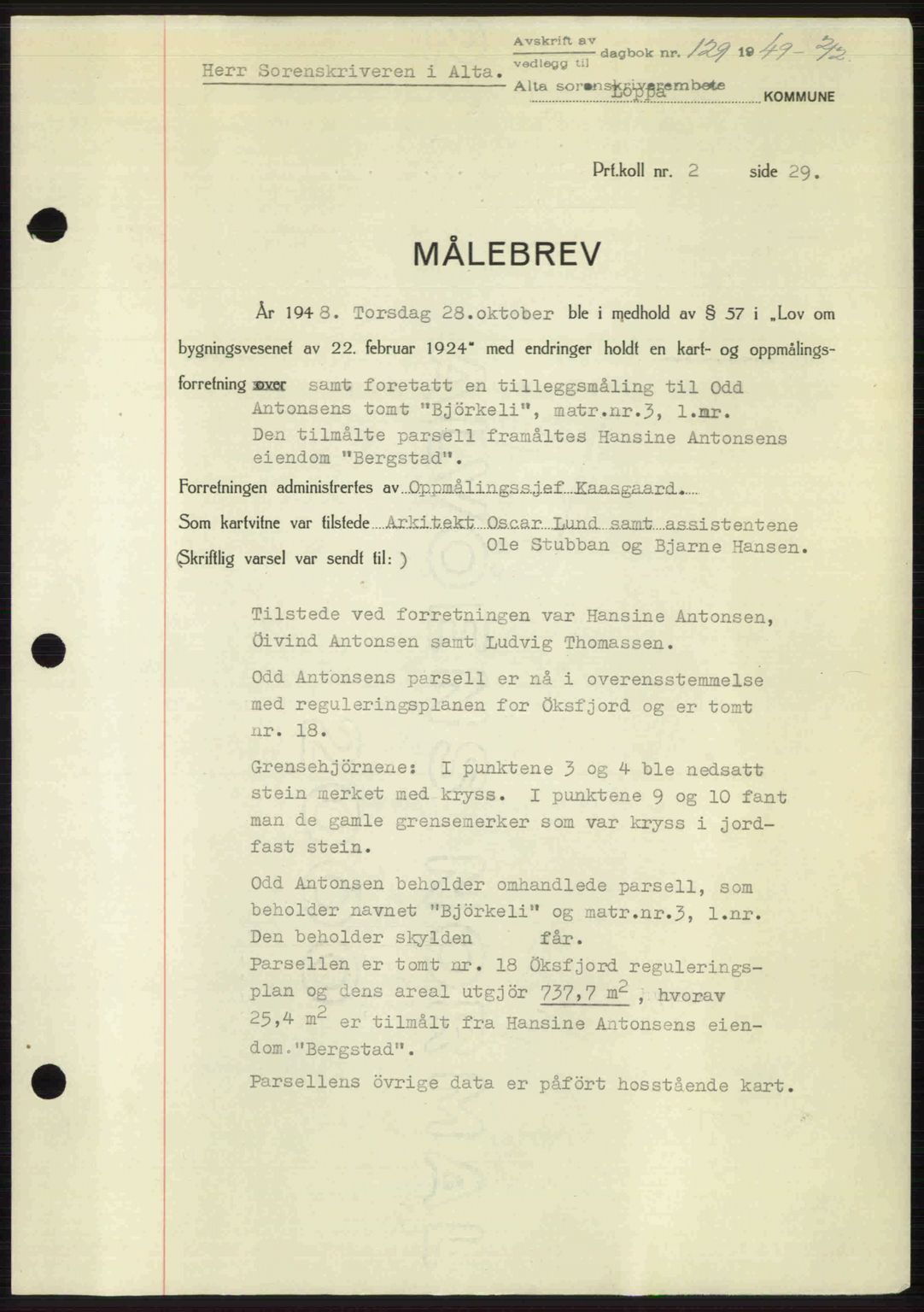 Alta fogderi/sorenskriveri, SATØ/SATØ-5/1/K/Kd/L0037pantebok: Pantebok nr. 39-40, 1948-1949, Dagboknr: 129/1949