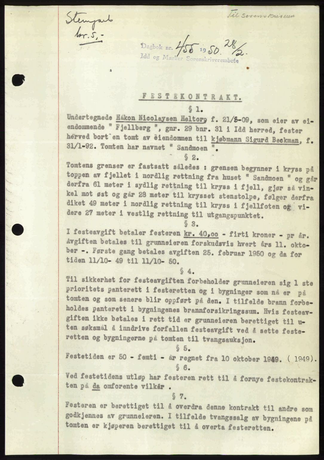 Idd og Marker sorenskriveri, AV/SAO-A-10283/G/Gb/Gbb/L0014: Pantebok nr. A14, 1950-1950, Dagboknr: 455/1950