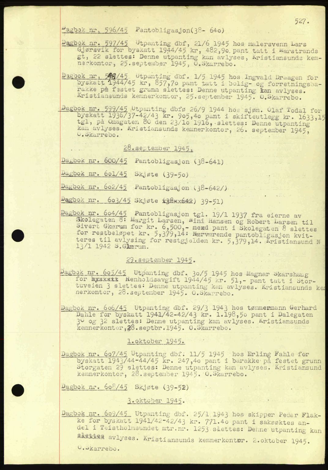 Kristiansund byfogd, AV/SAT-A-4587/A/27: Pantebok nr. 32a, 1938-1946, Dagboknr: 598/1945