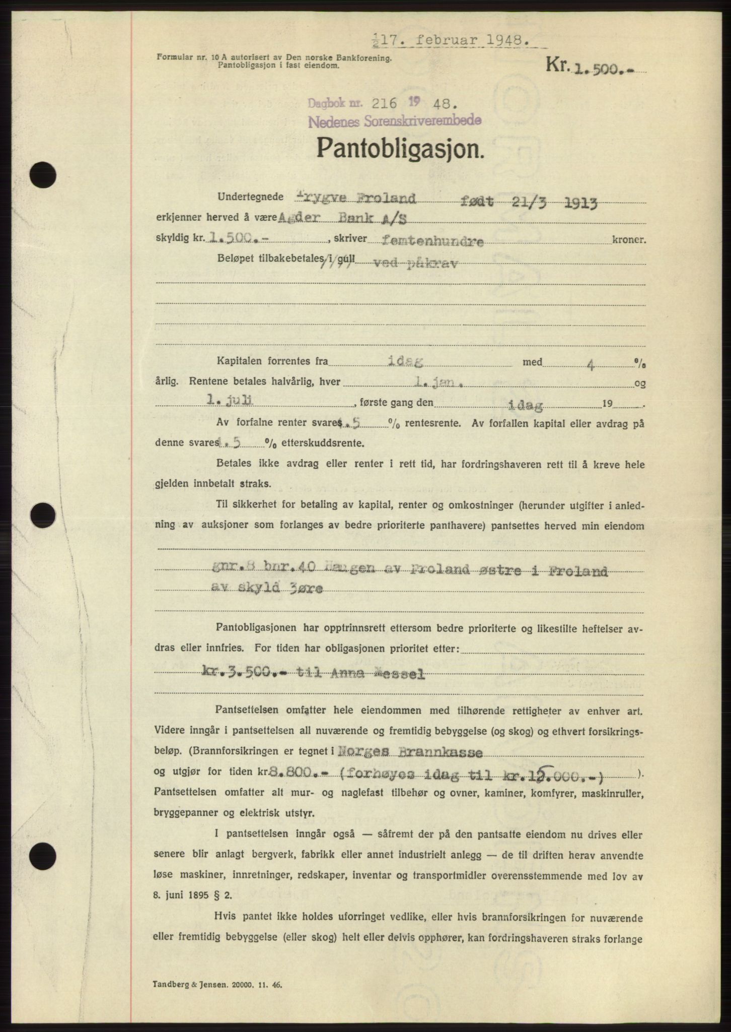 Nedenes sorenskriveri, AV/SAK-1221-0006/G/Gb/Gbb/L0005: Pantebok nr. B5, 1948-1948, Dagboknr: 216/1948