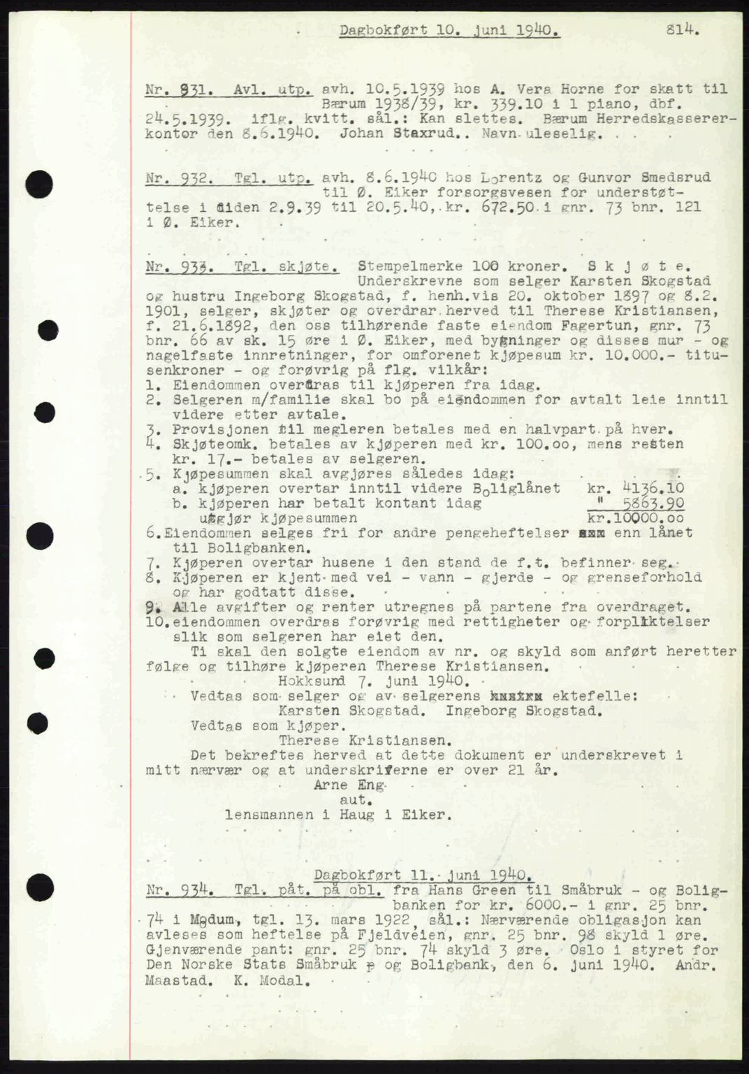 Eiker, Modum og Sigdal sorenskriveri, SAKO/A-123/G/Ga/Gab/L0041: Pantebok nr. A11, 1939-1940, Dagboknr: 931/1940