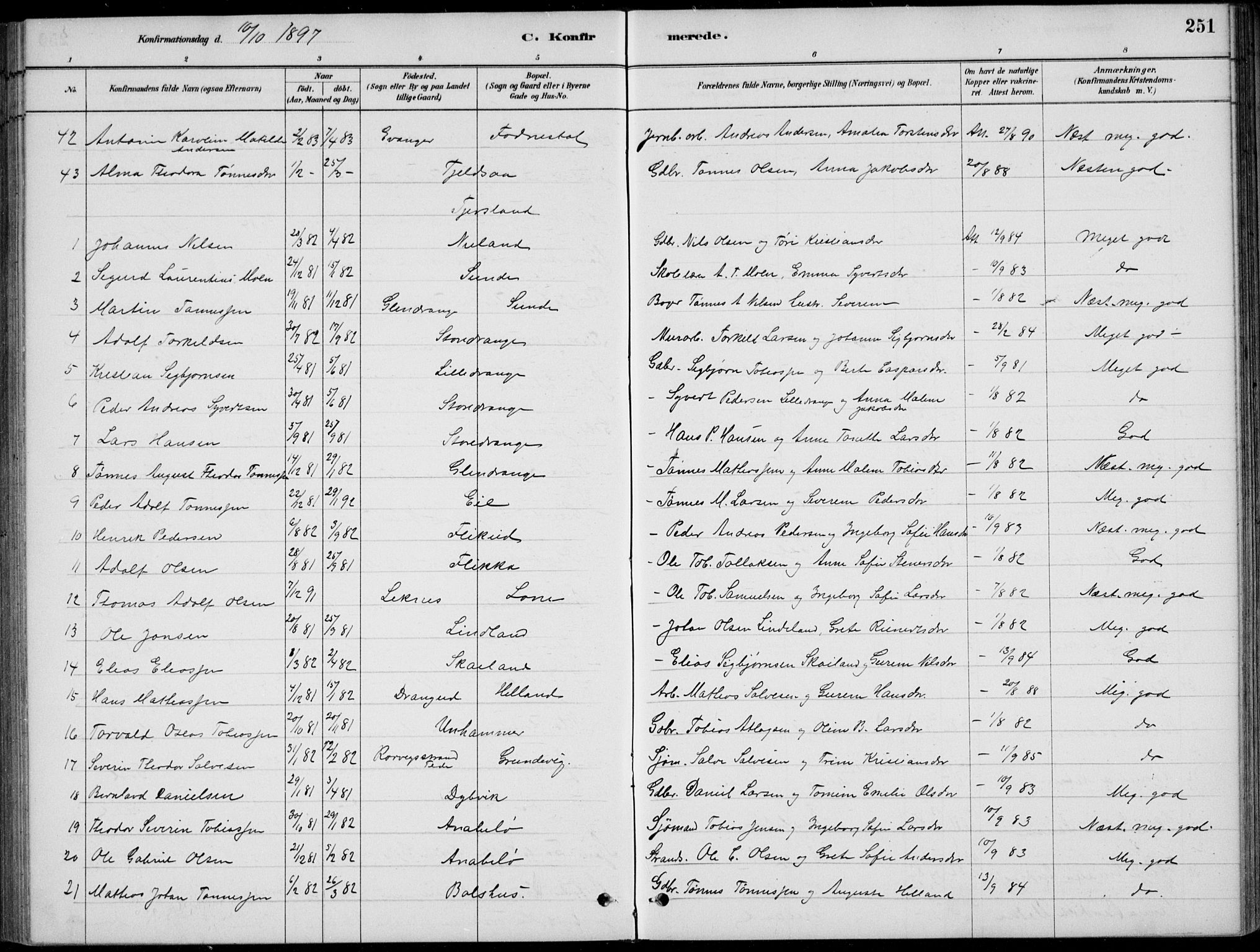 Flekkefjord sokneprestkontor, AV/SAK-1111-0012/F/Fb/Fbc/L0007: Klokkerbok nr. B 7, 1880-1902, s. 251