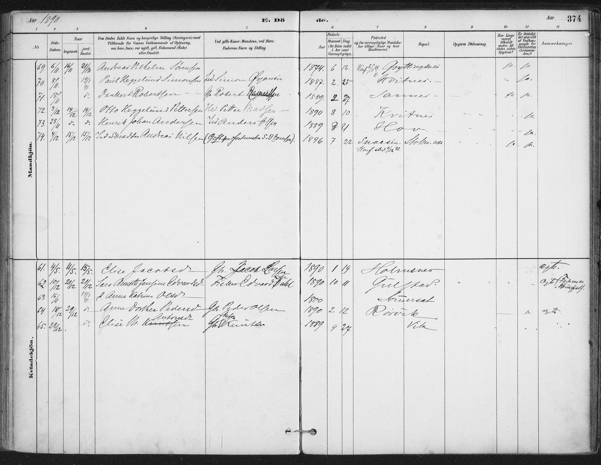 Ministerialprotokoller, klokkerbøker og fødselsregistre - Nordland, AV/SAT-A-1459/888/L1244: Ministerialbok nr. 888A10, 1880-1890, s. 374