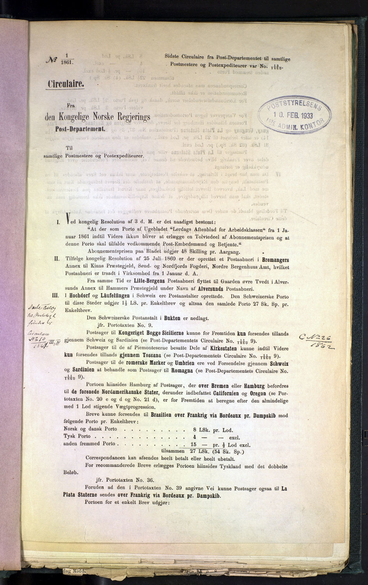 Norges Postmuseums bibliotek, NOPO/-/-/-: Sirkulærer fra Den Kongelige Norske Regjerings Postdepartement, 1861