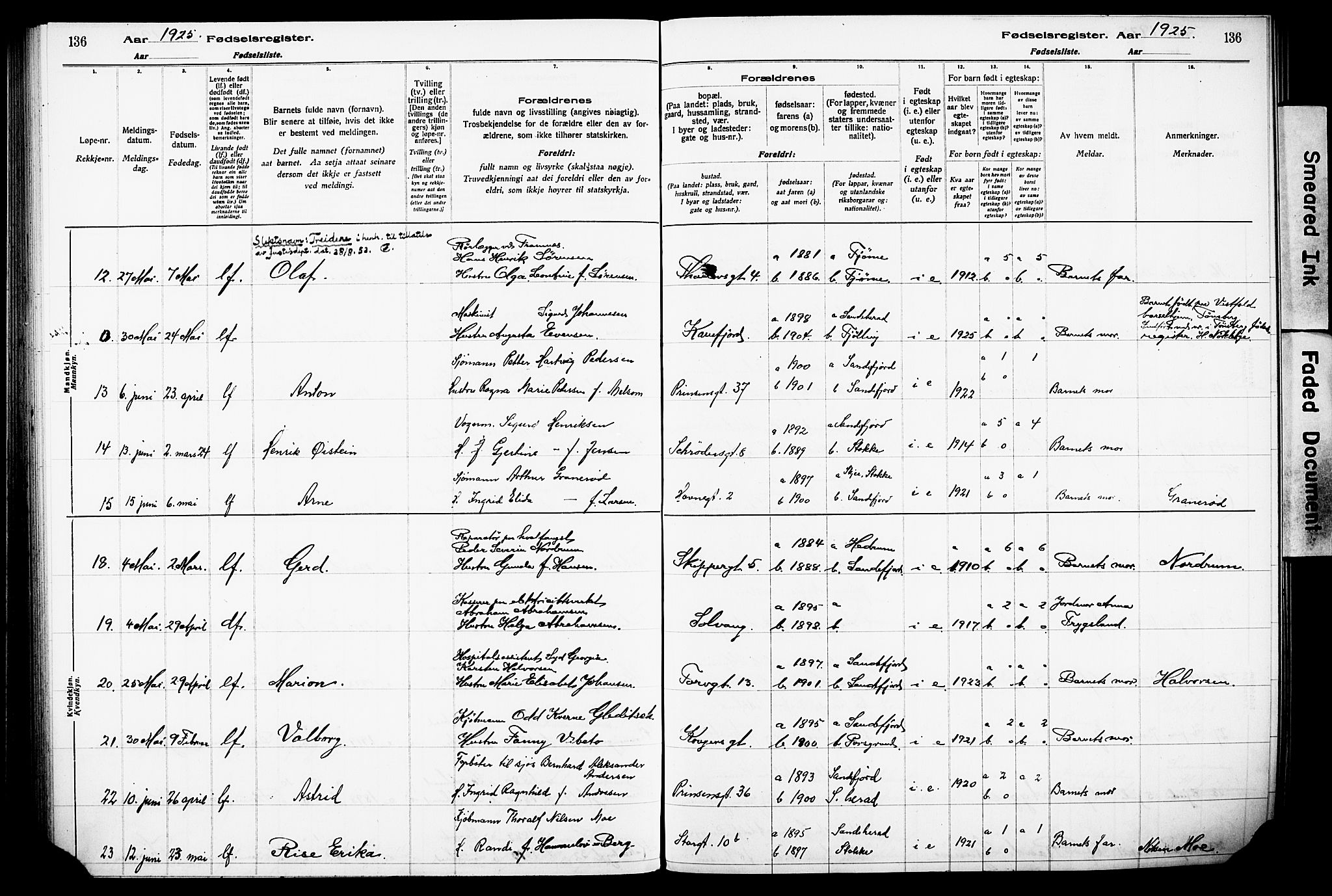 Sandefjord kirkebøker, AV/SAKO-A-315/J/Ja/L0001: Fødselsregister nr. 1, 1916-1932, s. 136