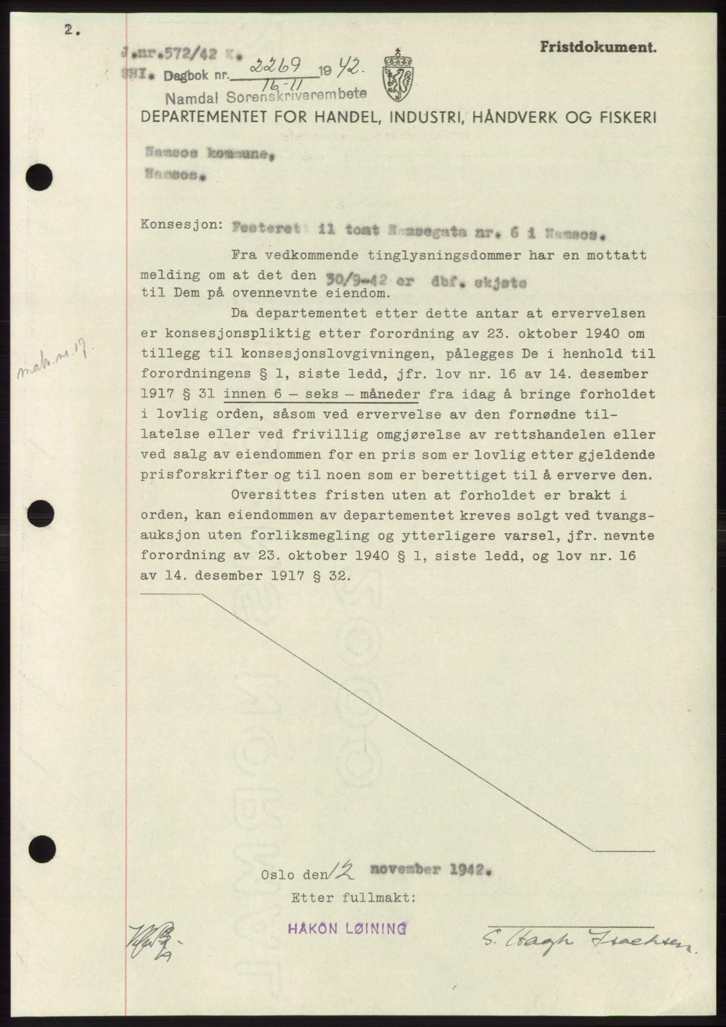 Namdal sorenskriveri, SAT/A-4133/1/2/2C: Pantebok nr. -, 1942-1943, Dagboknr: 2269/1942