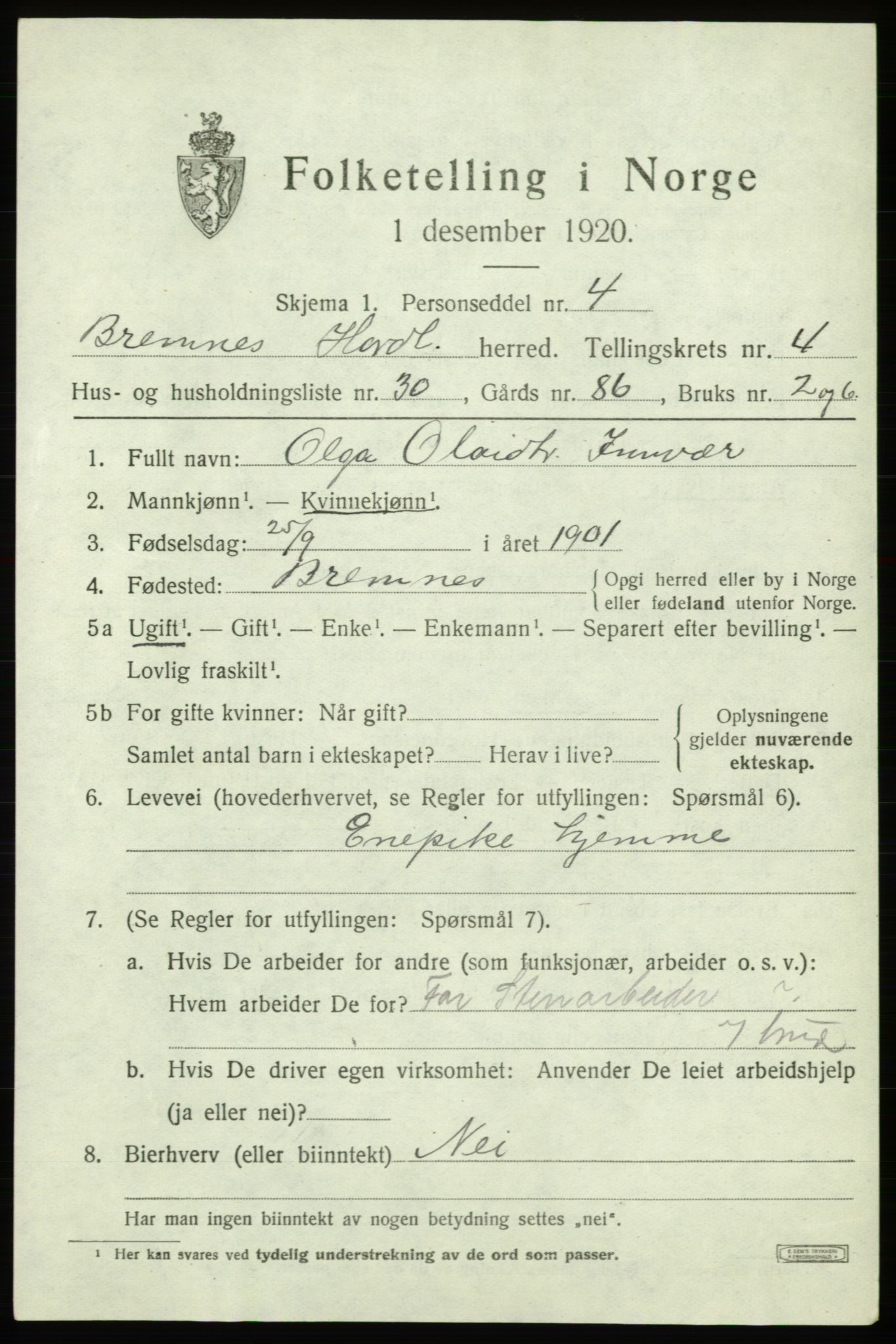 SAB, Folketelling 1920 for 1220 Bremnes herred, 1920, s. 2192