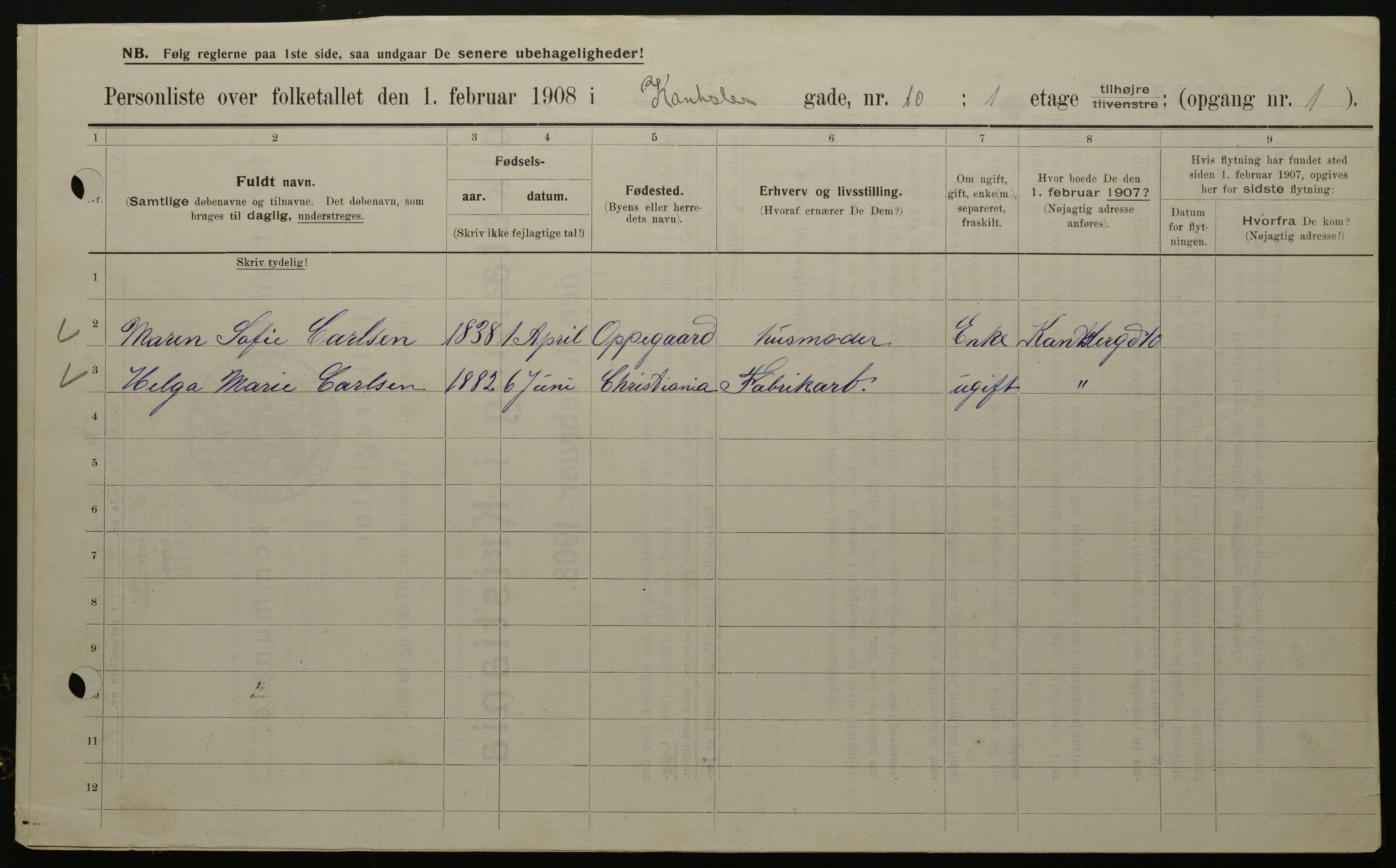 OBA, Kommunal folketelling 1.2.1908 for Kristiania kjøpstad, 1908, s. 43115