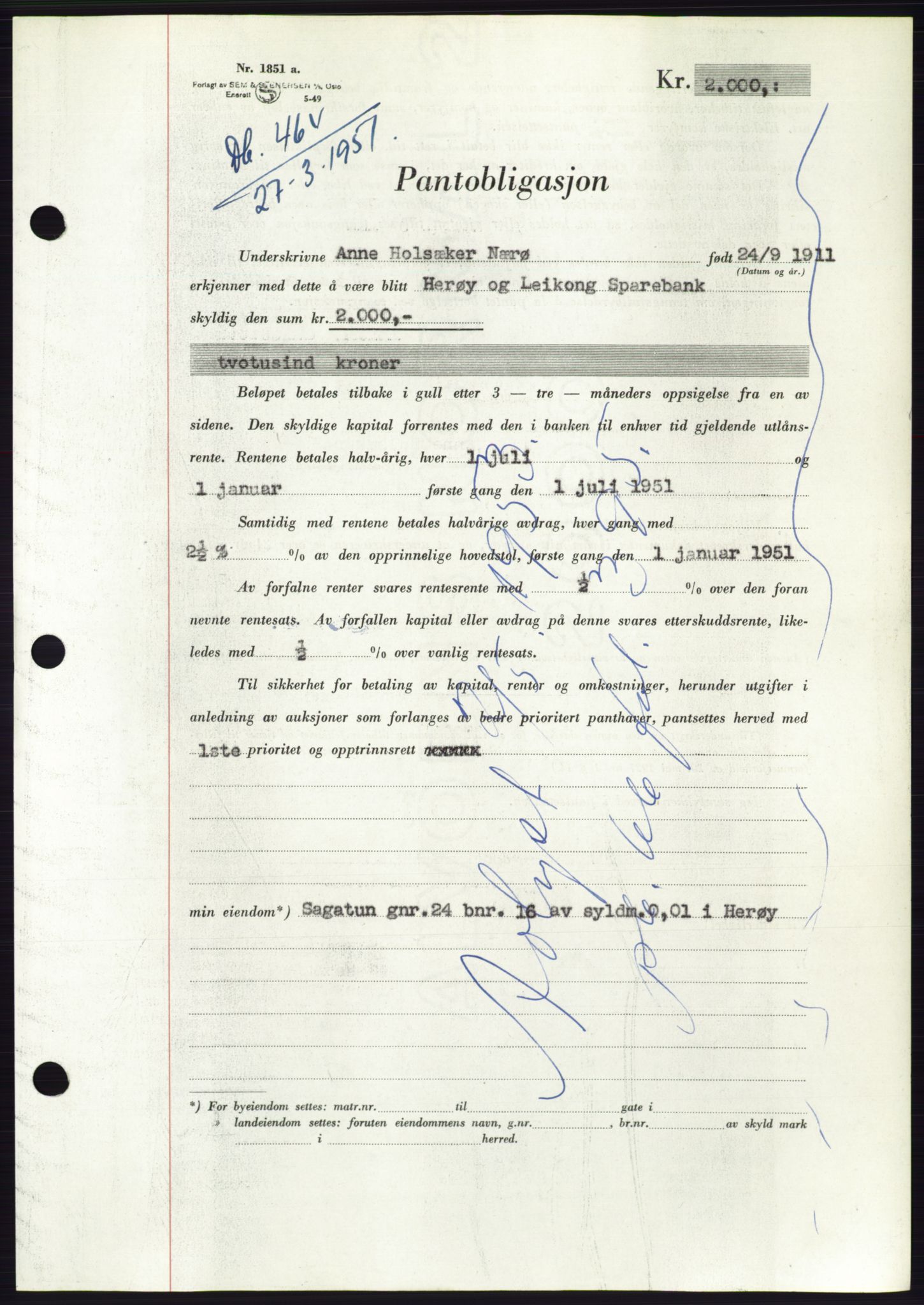 Søre Sunnmøre sorenskriveri, SAT/A-4122/1/2/2C/L0119: Pantebok nr. 7B, 1950-1951, Dagboknr: 464/1951