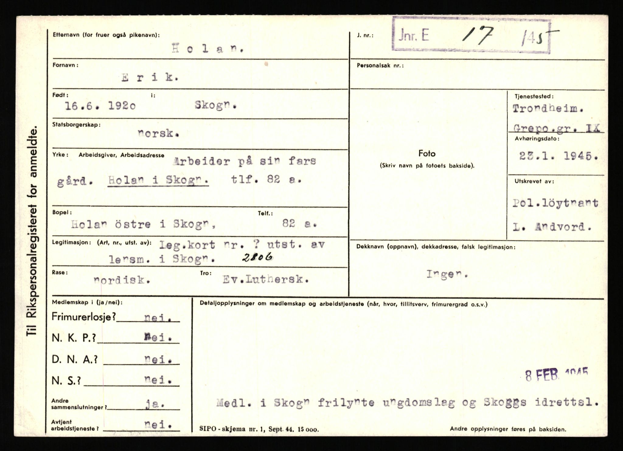 Statspolitiet - Hovedkontoret / Osloavdelingen, AV/RA-S-1329/C/Ca/L0007: Hol - Joelsen, 1943-1945, s. 4