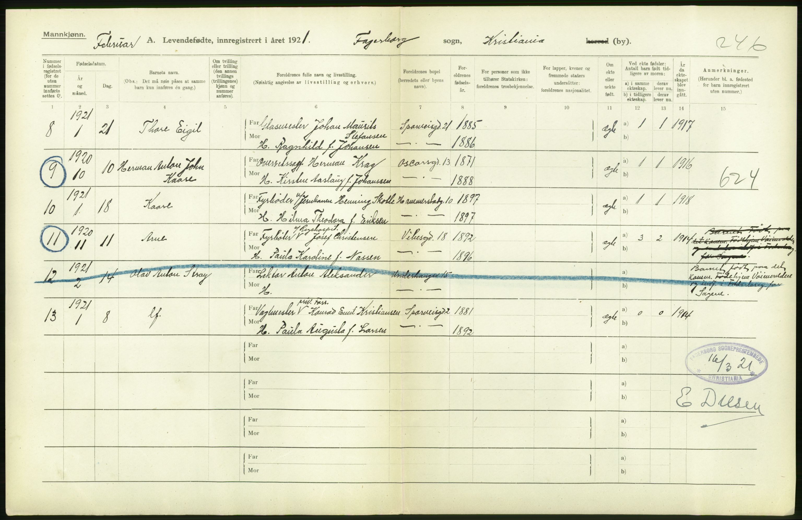 Statistisk sentralbyrå, Sosiodemografiske emner, Befolkning, AV/RA-S-2228/D/Df/Dfc/Dfca/L0010: Kristiania: Levendefødte menn og kvinner., 1921, s. 4