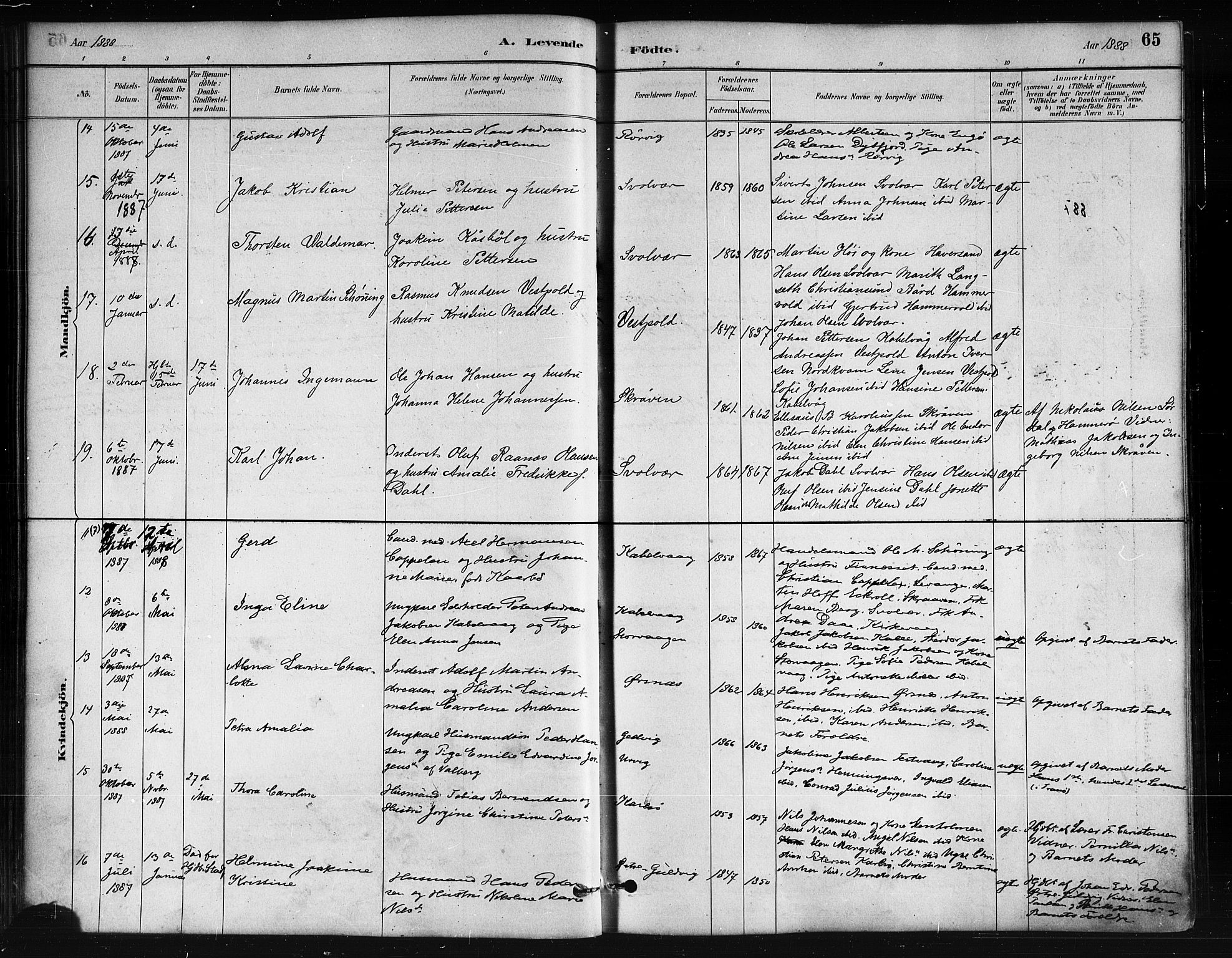 Ministerialprotokoller, klokkerbøker og fødselsregistre - Nordland, AV/SAT-A-1459/874/L1059: Ministerialbok nr. 874A03, 1884-1890, s. 65